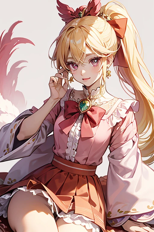 Depagatchi has white skin, a pink beak, and round dark eyes with two eyelashes each. She has blonde hair which is in a ponytail. She wears a red shawl with white frilly trim and a gold brooch, a pink shirt underneath, and a red skirt with a little white heart. She also wears a red hat with a pink bow and the Japanese character た (ta), which likely stands for Tamagotchi or TamaDepa. SPARKLE; GLITTER
