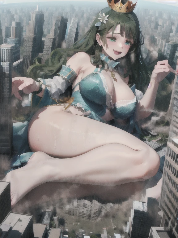 Perfect detail, Special details, highest quality, expensive全身の正確な描写,expensive, woman,A satisfied smile ,round face,Beauty,View Viewer, Green Hair, Long Hair, Side bang, Partially exposed forehead, Dark blue eyes, Mature Body, Perfect body, Large Breasts,Big Ass.Sweaty body,Open your mouth wide,, blush, Cleavage, Blue Dress,Gold Jewelry,Gold Bracelet,Gold Collar、 Luxurious crown,, White lace lingerie , necklace, Pursing your lips, A light smile, Drunk, expensiveディテール, Depth of written boundary, 1080p, 16k, Awards, High resolution, highest quality, masterpiece, 超High resolution, Anatomically correct, Super detailed,,Huge breasts、Realistic、Perfect bodyライン、aerial photograph、aerial photograph、Destroying the city with a smile、 (A giant girl bigger than a skyscraper destroys the city of Shibuya:1.5)、cute、cute、body fluid、Blue Dress、Chubby　Lying on the ground　Taking over the big city, breasts spilling out of the bra　Put a building between your legs