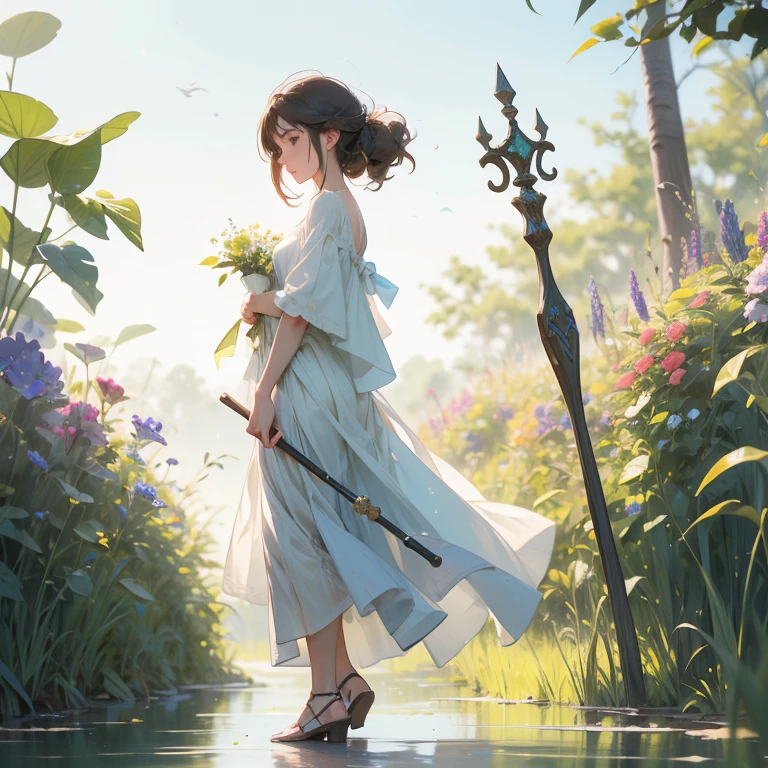 A serene artwork of a calming female character in a peaceful, natural setting. The full-body view presents her in flowing white and blue clothes that evoke a sense of tranquility and peace. Her brown hair and green eyes are soothing to behold. She carries a healing staff, symbolizing her gentle and nurturing nature.

The setting is a lush meadow under a clear blue sky, with a gentle breeze rustling the tall grass and wildflowers. A calm, sparkling lake reflects the purity of the scene, and birds sing softly in the background, enhancing the serene and calming atmosphere.
