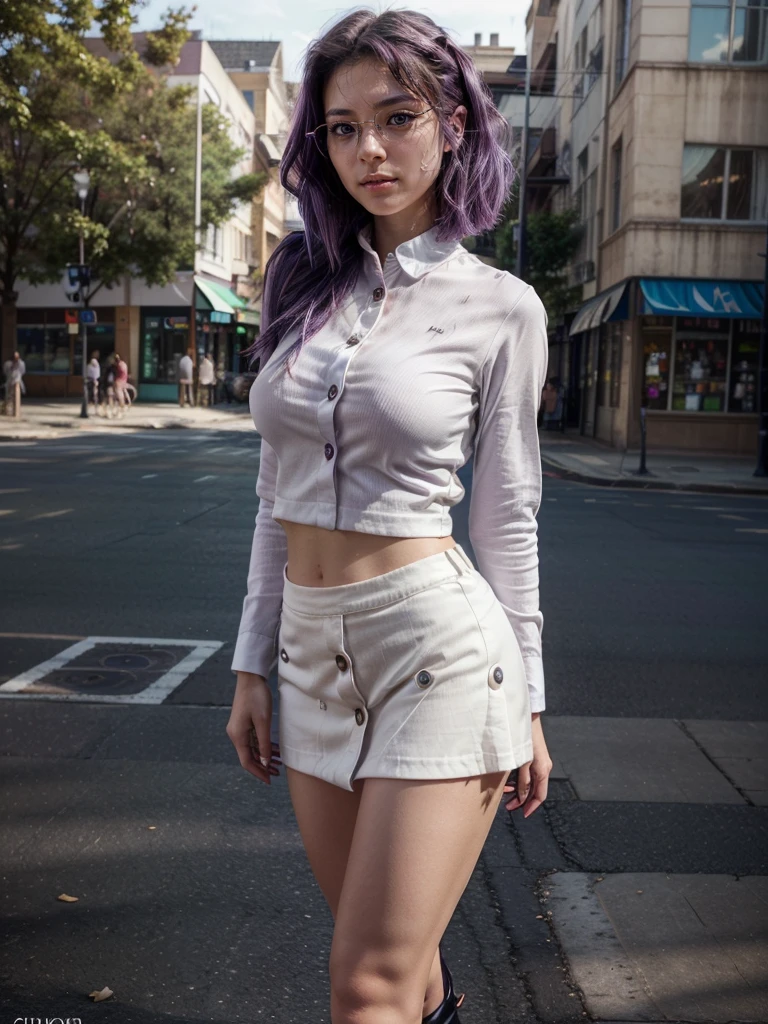 (1 lady), (Best quality at best:1.4), (ultra - detailed), (extremely detailed CG unified 16k), A Beautiful Woman with Perfect Figure: 1.4, Sharp Focus: 1.2, purple hair, very detailed, High-definition RAW color photo, professional photoshooting, amazing face and eyes, cosmetics, (standing), (amazingly beautiful girl), ((kotomi)), (exact clothes: (buttons white shirt, long sleeves), (azure tight skirt jean-type), formal, teacher outfit, glasses, (black combat boots with blue laces)), (looking cute, immerse in her own thoughts expression), (City park, extremely detailed background, realistic background, first date vibes), (frontal photo), realistic cinematic face, head to feet long wide zoomed out view, full body long view, head to shoes, photorealistic, ((realistic natural purple hair style, purple eyes)), gorgeous, extremely beautiful face, pretty face, delicate girl, (attractive body, fit woman, big girl, athletic body, strong female), perfect model beauty, pout mouth, Highly Detailed Face and Skin Texture, Detailed Eyes, Double Eyelids, Medium size breasts, shy but motivated expression, (masterpiece), best quality, high resolution, extremely detailed, cinematic lighting, amazing legs, clear and well-cared skin, (milky pale skin, white skin like milk), official dior editorial, trending on pinterest, dreamy, aesthetic, ((style raw))