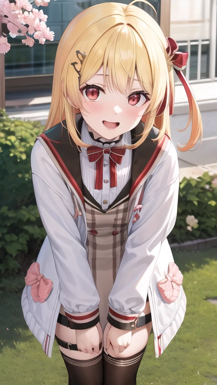 masterpiece, best quality, highres, Otonose Kanade, long hair, one side up, hair ribbon, hair ornament, ahoge, red eyes, neck ribbon, red ribbon, brown dress, white jacket, open clothes, long sleeves, thigh strap, black thighhighs, outdoors, cherry blossoms, standing, leaning forward, smile, open mouth, hand on own knee,