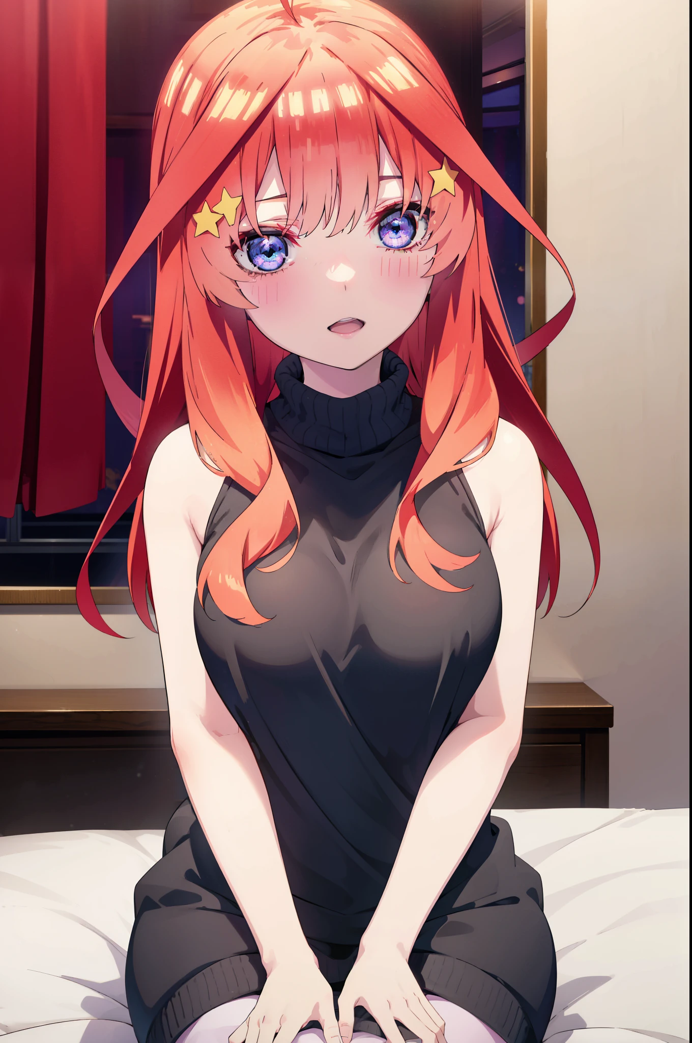 itsukinakano, Itsuki Nakano, bangs, blue eyes, Hair between the eyes, Ahoge, Redhead, star \(symbol\), hair ornaments, Big Breasts,star hair ornaments,smile,Open your mouth,Virgin Killer Sweater Sleeveless Turtleneck,  Side bust, Nipple slip, Pink Sweater,Black pantyhose,Sitting on the bed,
break indoors, Bedroom, 　　　　　　　　　　　　　　　break looking at viewer, So that the whole body goes into the illustration,　　　　　　　　　　　　　　　　　　　　　break (masterpiece:1.2), highest quality, High resolution, unity 8k wallpaper, (shape:0.8), (Beautiful details:1.6), Highly detailed face, Perfect lighting, Highly detailed CG, (Perfect hands, Perfect Anatomy),