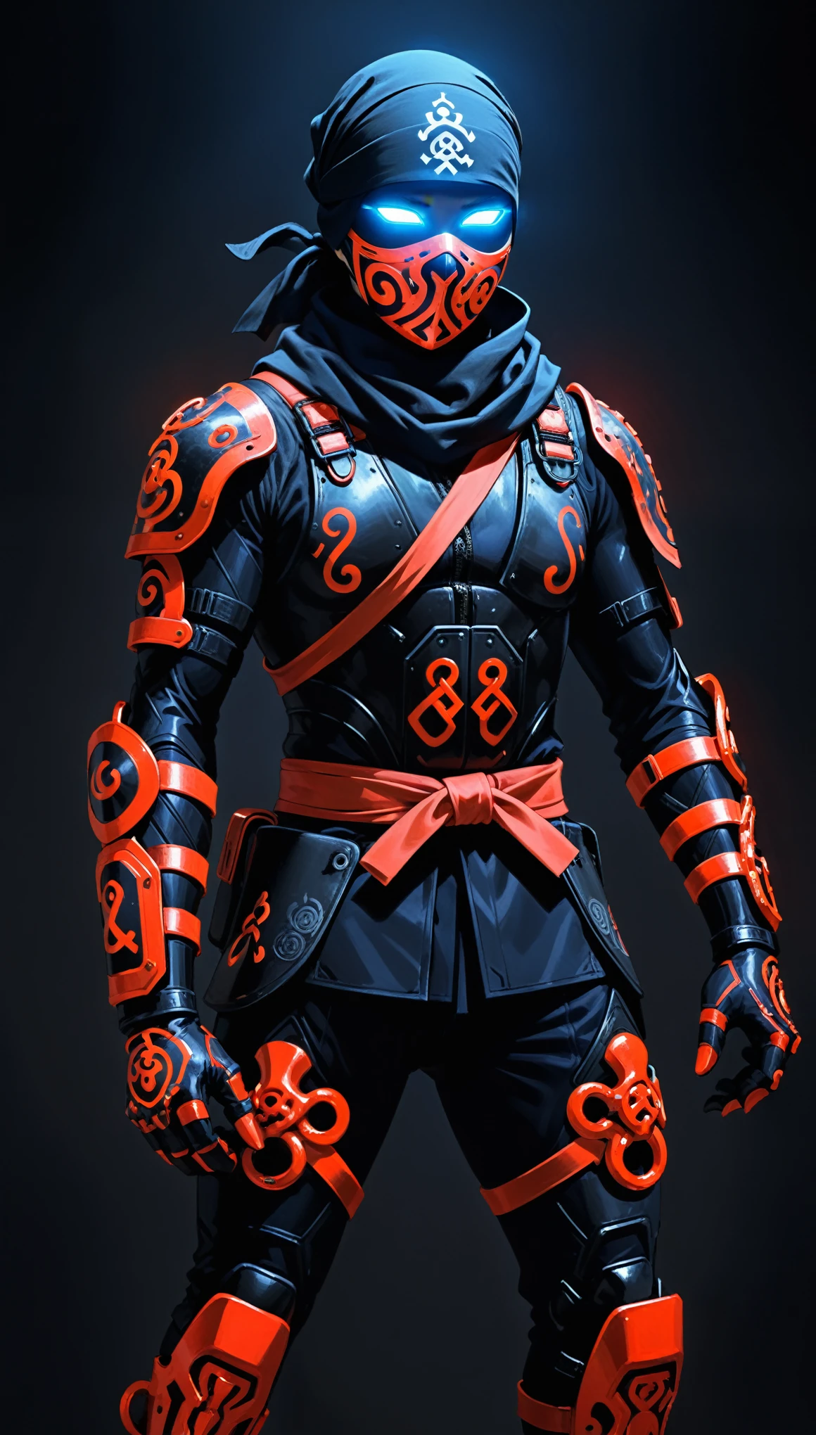 (in style of A. R. Penck:1.3),
1girl,(cowboy_shot:1.3),old japanese ninja,
(wrap in a headscarf:1.4),Face Mask: glowing fluorescence bule,Ninja Suit: Dark Navy Blue and Black,Jacket: Black,Pants: Black,Belt: Black or Dark Gray,Leg Wraps: Black,Scarf: dark red,Wrist Guards: Black,Gloves: Black,Straw Sandals: Natural Straw Color or Black,Split-Toe Socks: Black,Shoulder Guards: Black,
(insanely detailed and intricate, hypermaximalist, elegant, ornate, hyper realistic, super detailed:1.1),(dynamic pose:1.3),fighting,