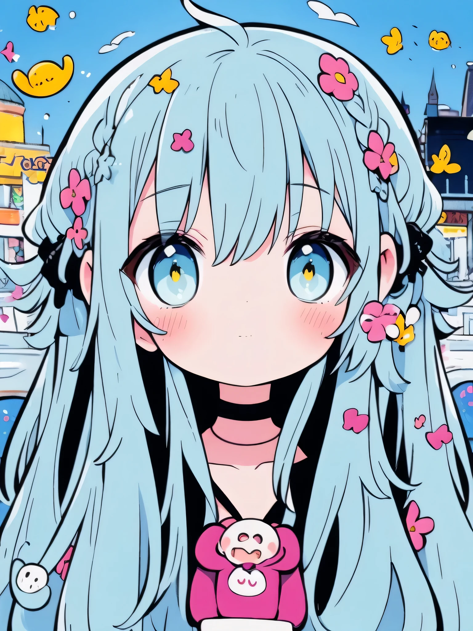 Watase Seizo Sakura Style, Kawaii Design, most beautiful girl ever、Chibi, Colorful bob hair、((Lots of monkeys))、amusement park