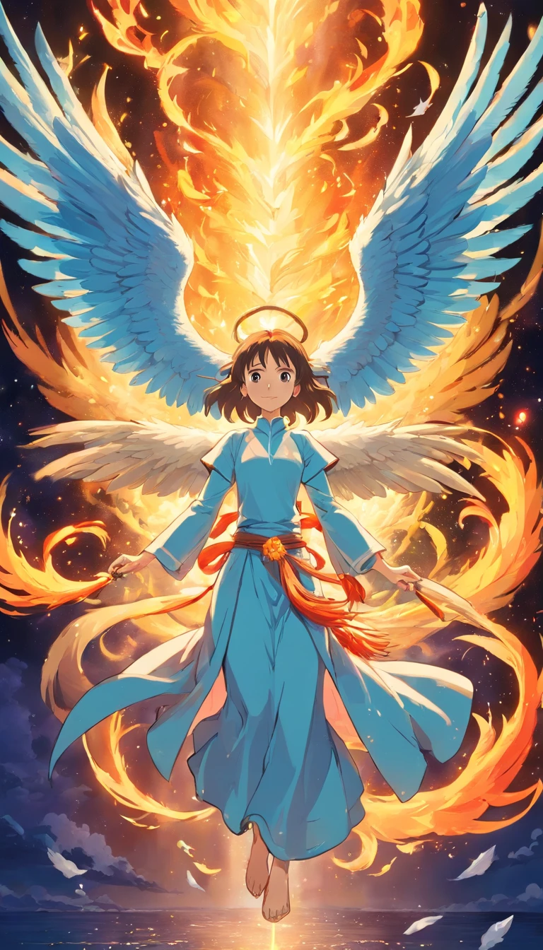 (Divine bird),(Fire Phoenix),(The fire outlined the phoenix's body),The phoenix flaps its wings,(Shining with golden light),solo,nigth,Multiple silhouettes,First-person elevation angle,super detailing,best qualtiy,tmasterpiece,(8K),Extremely detailed,Epic artwork, A Studio Ghibli style image