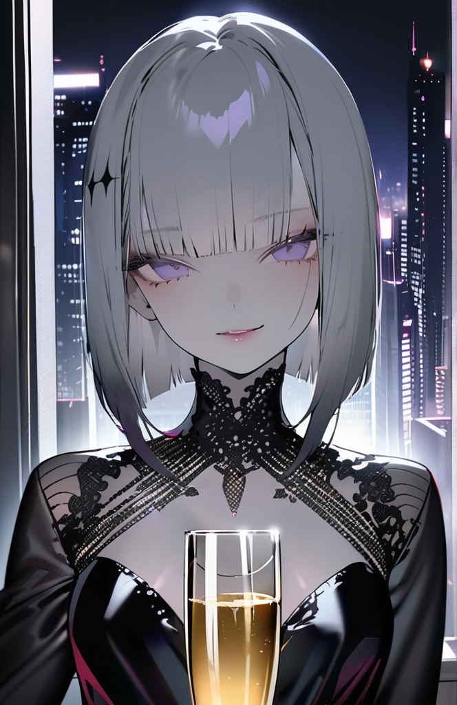 masterpiece, highest quality,One girl, alone, Deep grey hair, bangs, Black-purple eyes, View Viewer, Long Hair,From the waist up, Bobcut,Upper Body,,Black Dress,  Straight,blunt bangs,from the front,Grin, Long sleeve, Have,Pink Lips,lip,mole on neck ,Have champagne,Late Night,City of night