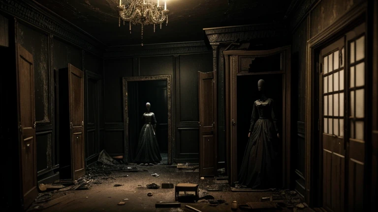 a terrifying dark room, hanging dolls, claustrophobic atmosphere, gloomy and decadent mannequins, unsettling horror scene, dim abandoned room with full body mannequins, fear and claustrophobia, high quality, ultra-detailed, masterpiece, photorealistic,more than ten, 