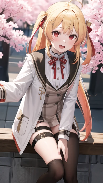 masterpiece, best quality, highres, Otonose Kanade, long hair, one side up, hair ribbon, hair ornament, ahoge, red eyes, neck ribbon, red ribbon, brown dress, white jacket, open clothes, long sleeves, thigh strap, black thighhighs, outdoors, cherry blossoms, standing, leaning forward, smile, open mouth, hand on own knee,