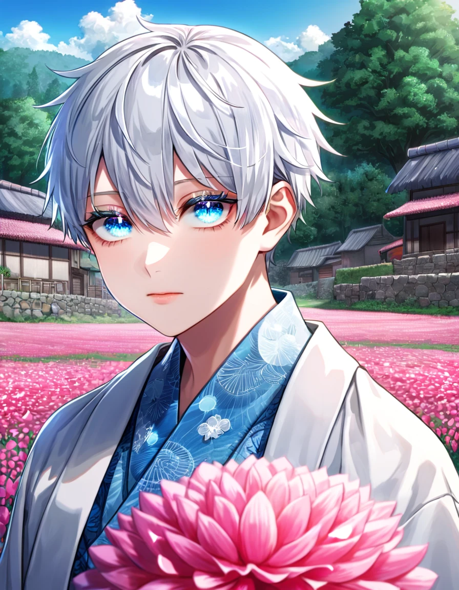 Ultra detailed, Highres, absurdres, HDR, Gojo Satoru as a boy, white hair with bangs, white eyelashes, hair between the eyes, expressive blue eyes, white haori with patterns, light blue kimono, Jujutsu Kaisen, pink petals, cute, boy, solo, very detailed eyes and face, master piece, glittering, fantasy, summer, village, master piece, best quality, trees, 