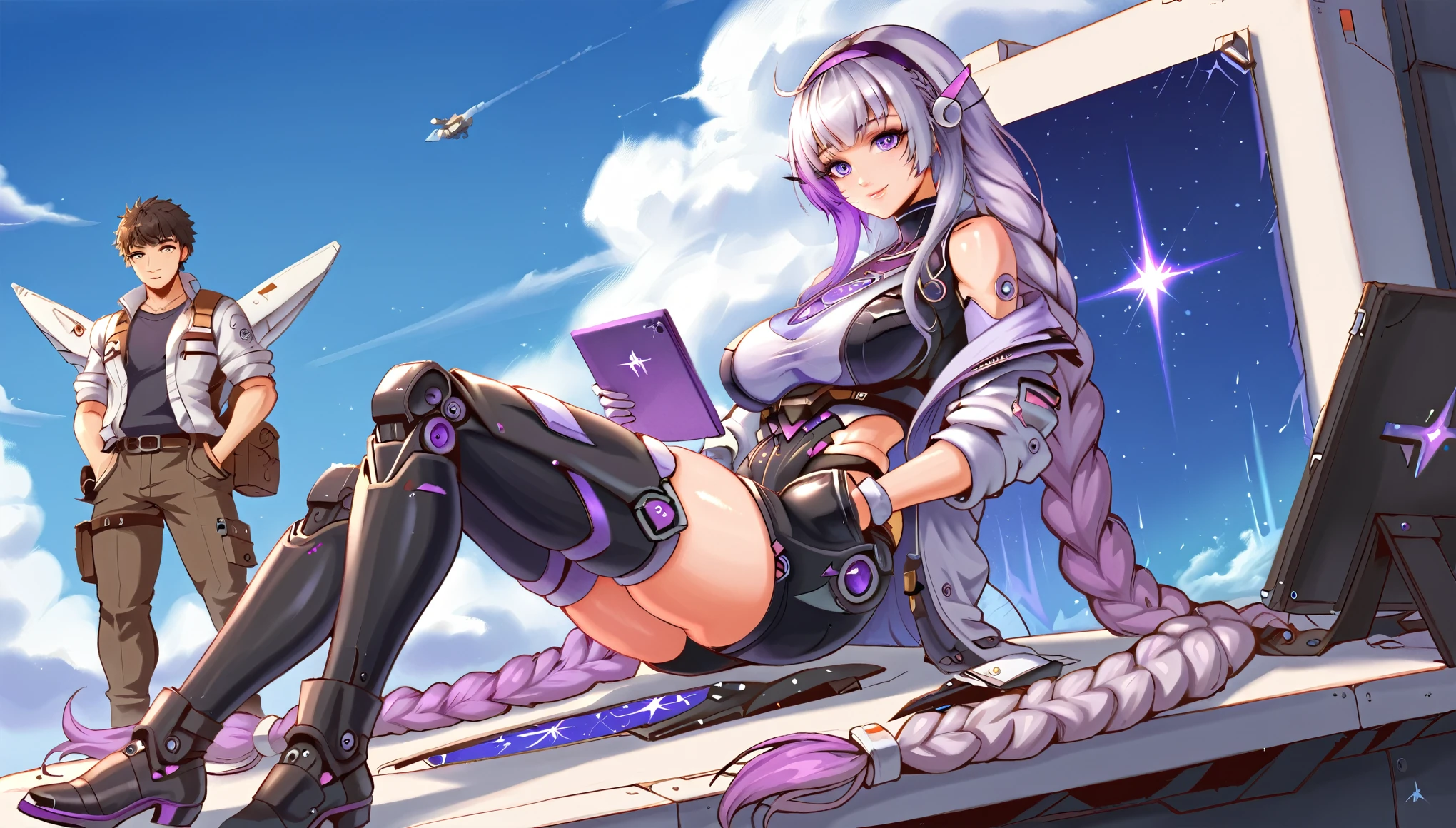 score_9,score_8_up,score_7_up,(Couples:1.8,2people:1.8),(1girl an 1man, 1robot:1.8),(yinji,1girl,bare shoulders,boots,braid,breasts,elbow gloves,full body,gloves,hairband,long hair,looking at viewer,purple eyes,purple hair,smile,solo,thighhighs,twin braids,very long hair,purple_hair,purple_eyes,very_long_hair,grey_hair,braided_ponytail,large_breasts,gradient_hair ),(man,backpack,black hair,black pantslaptops,hand in pocket,jacket,long hair,pants,laptops),blue sky,day,(fighter jets),science fiction,sky,HDR,UHD,8K,best quality,highres,absurdres,(masterpiece:1.6),ultra-fine painting,extreme detail description,Professional,comic,Photographic,analog film,cinematic_lighting,poster,cinematic,fantasyArt,and A male space marine sitting on the planet Mars with his husky dog. They both have laptops in their hands and there is a blue sky behind them. The man has cybernetic implants and futuristic armor on. He is wearing boots. In the style of concept art and video game graphics, with high resolution.