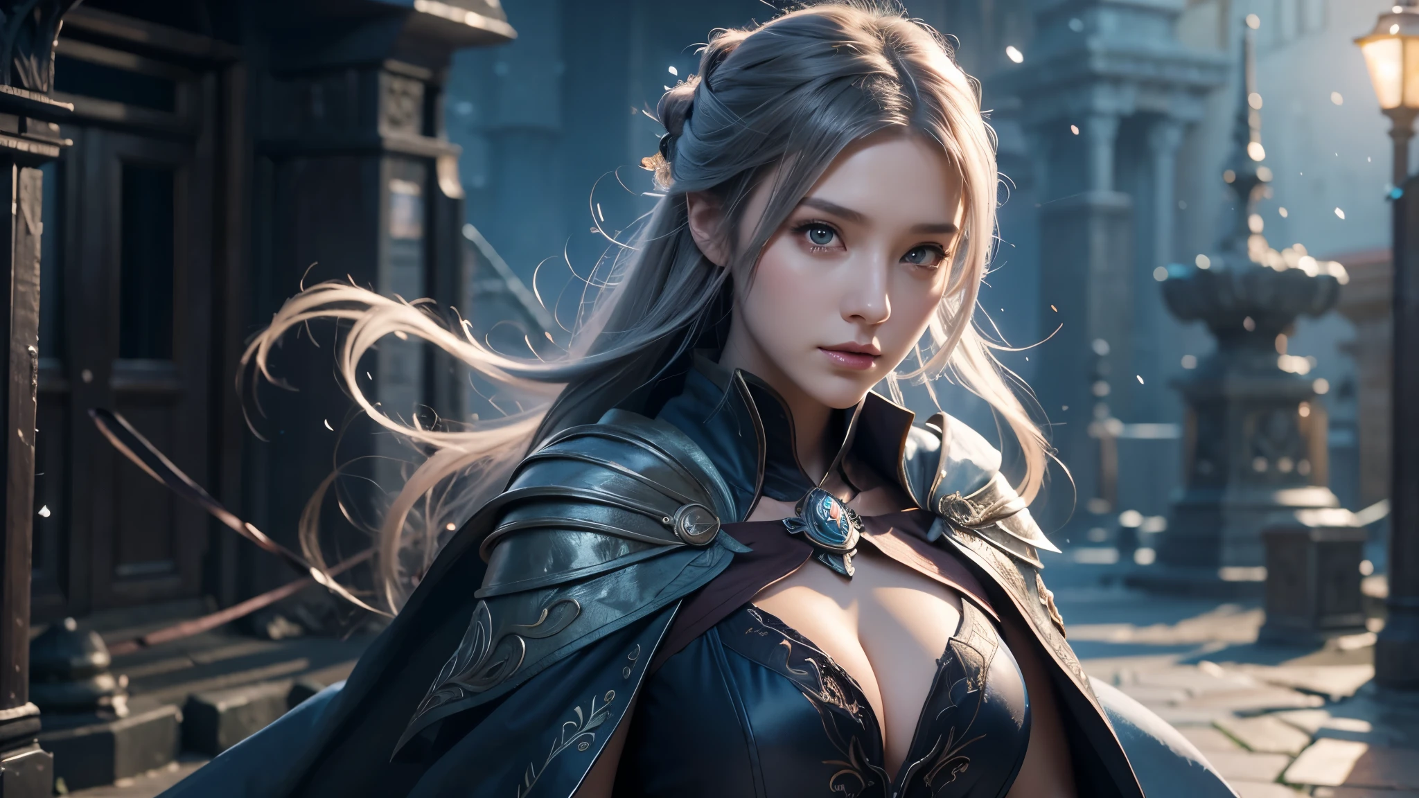 Close-up of female mage, Girl in robes, 2. 5D CGI anime fantasy artwork, Large Breasts,Epic fantasy digital art style, detailed Digital 2D fantasy art, Digital 2D fantasy art, Gorgeous female mage,Look at the camera,(glowing magic:1.7) Role Playing Game Character Art, beautiful female mage, Fantasy Character Art, Epic and beautiful character art, beautiful female mage,(Edinburgh Street:1.8),light rain,semi-body photography,Look at the camera
