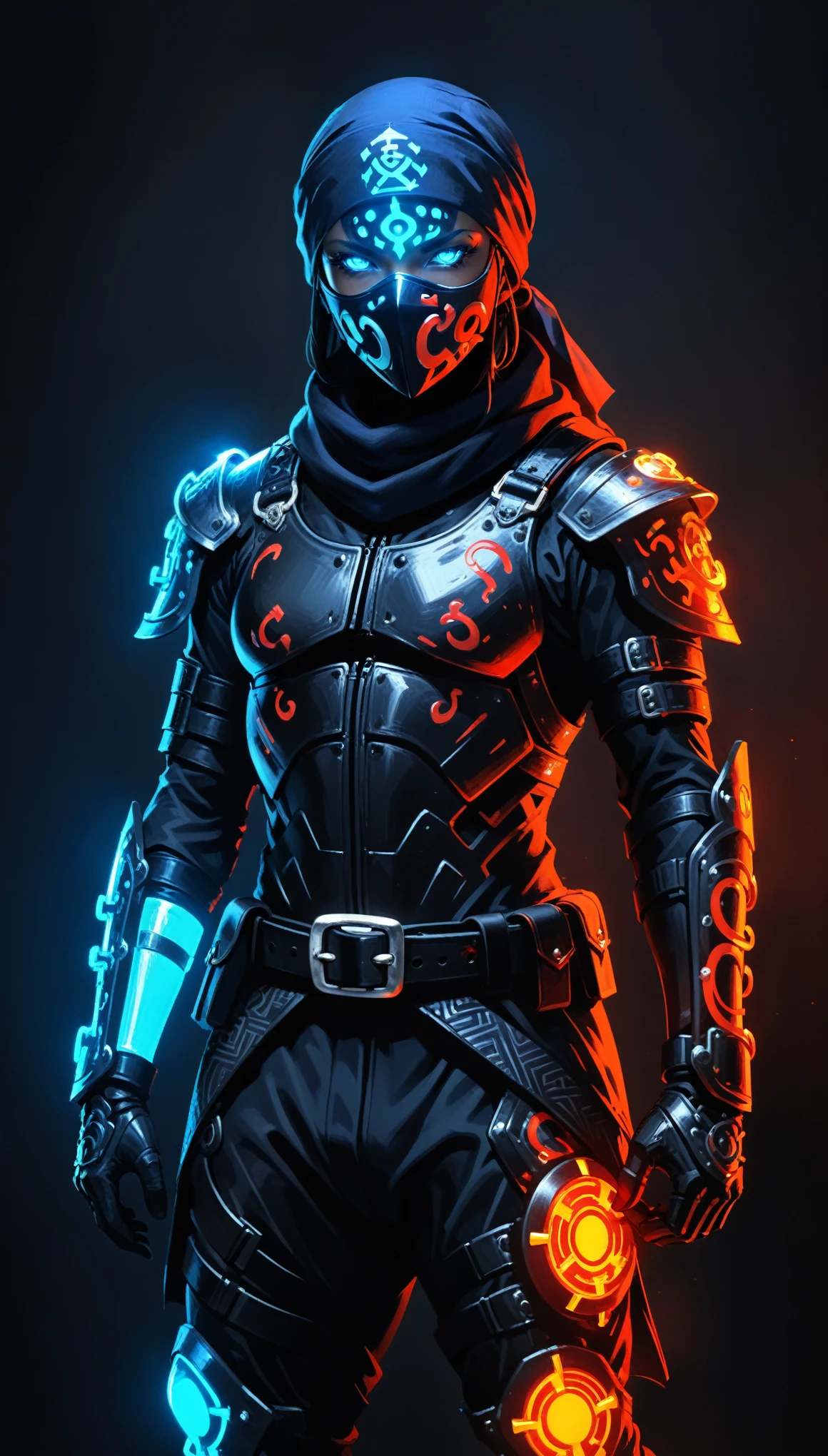 (in style of A. R. Penck:1.3),
1girl,(cowboy_shot:1.3),old japanese ninja,
(wrap in a headscarf:1.4),Face Mask: glowing fluorescence bule,Ninja Suit: Dark Navy Blue and Black,Jacket: Black,Pants: Black,Belt: Black or Dark Gray,Leg Wraps: Black,Scarf: dark red,Wrist Guards: Black,Gloves: Black,Straw Sandals: Natural Straw Color or Black,Split-Toe Socks: Black,Shoulder Guards: Black,
(insanely detailed and intricate, hypermaximalist, elegant, ornate, hyper realistic, super detailed:1.1),(dynamic pose:1.3),fighting,