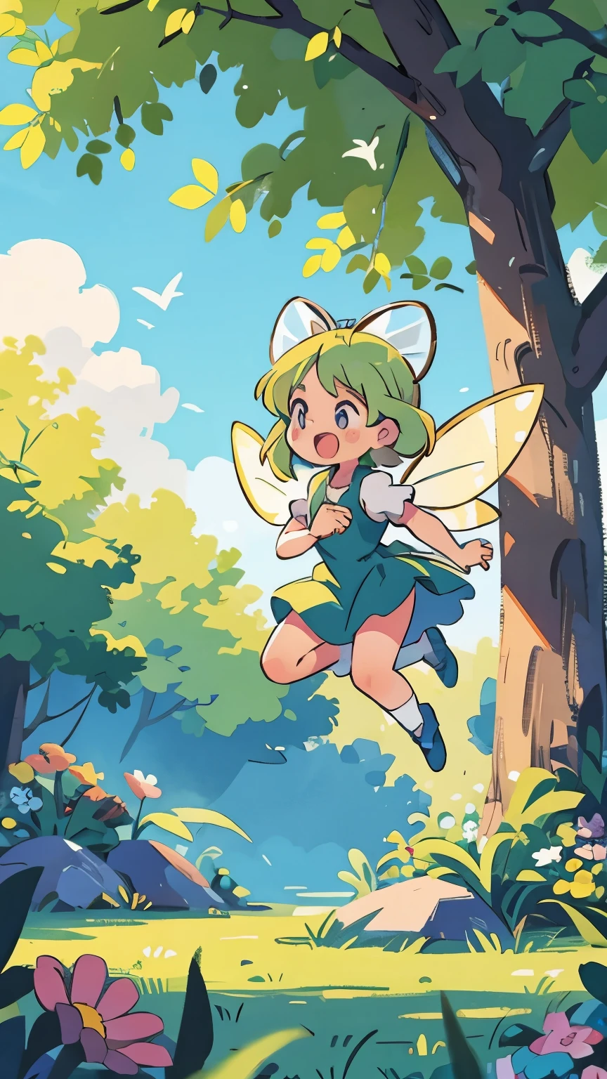 Pop art, drop shadow, masterpiece, super detail, high details, highres, (fairy), ((Tinker Bell)), thin wings, in the forest, flying in the sky, pastel colors, pastel art, cowboy shot