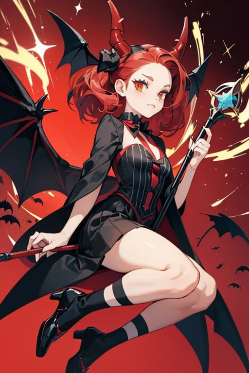 Devil Memetchi wears a black and red striped costume that covers her whole body. The costume has horns on top of her head and she also has black bat shaped wings that she uses to fly and float off the ground. She carries a curled pitchfork which is used as a magic wand. SPARKLE; GLITTER