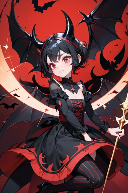 Devil Memetchi wears a black and red striped costume that covers her whole body. The costume has horns on top of her head and she also has black bat shaped wings that she uses to fly and float off the ground. She carries a curled pitchfork which is used as a magic wand. SPARKLE; GLITTER