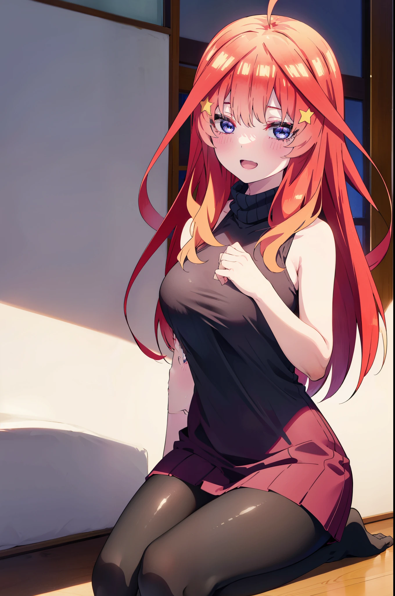 itsukinakano, Itsuki Nakano, bangs, blue eyes, Hair between the eyes, Ahoge, Redhead, star \(symbol\), hair ornaments, Big Breasts,star hair ornaments,happy smile, smile, Open your mouth,Open your mouth,Virgin Killer Sweater Sleeveless Turtleneck, Side bust, Nipple slip, Pink Sweater,Black pantyhose,Sitting on the bed,
break indoors, Bedroom, break looking at viewer, So that the whole body goes into the illustration, break (masterpiece:1.2), highest quality, High resolution, unity 8k wallpaper, (shape:0.8), (Beautiful details:1.6), Highly detailed face, Perfect lighting, Highly detailed CG, (Perfect hands, Perfect Anatomy),
