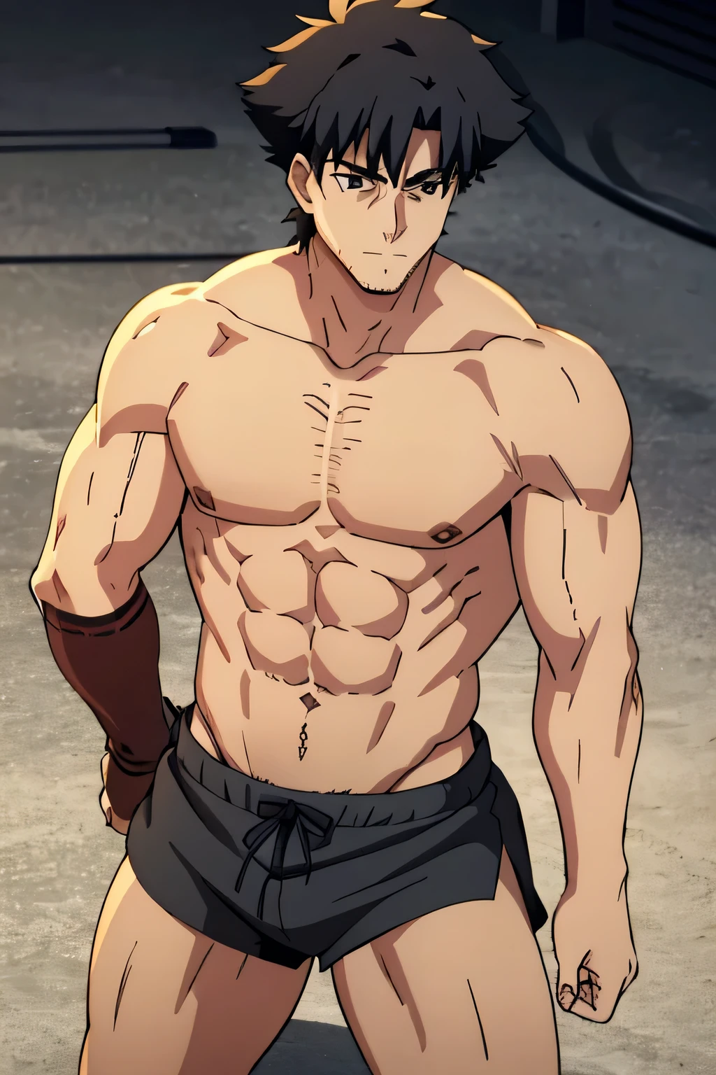 Kiritsugu is sitting and flexing his biceps and abs. He wears black short boxershorts. You can see his thighs. He looks annoyed. He has bulging veins on his arms. He wears a black tshirt with short sleeves. His right sleeve is completely rolled up so you can see his entire arm and shoulder. He is showing his abs too.