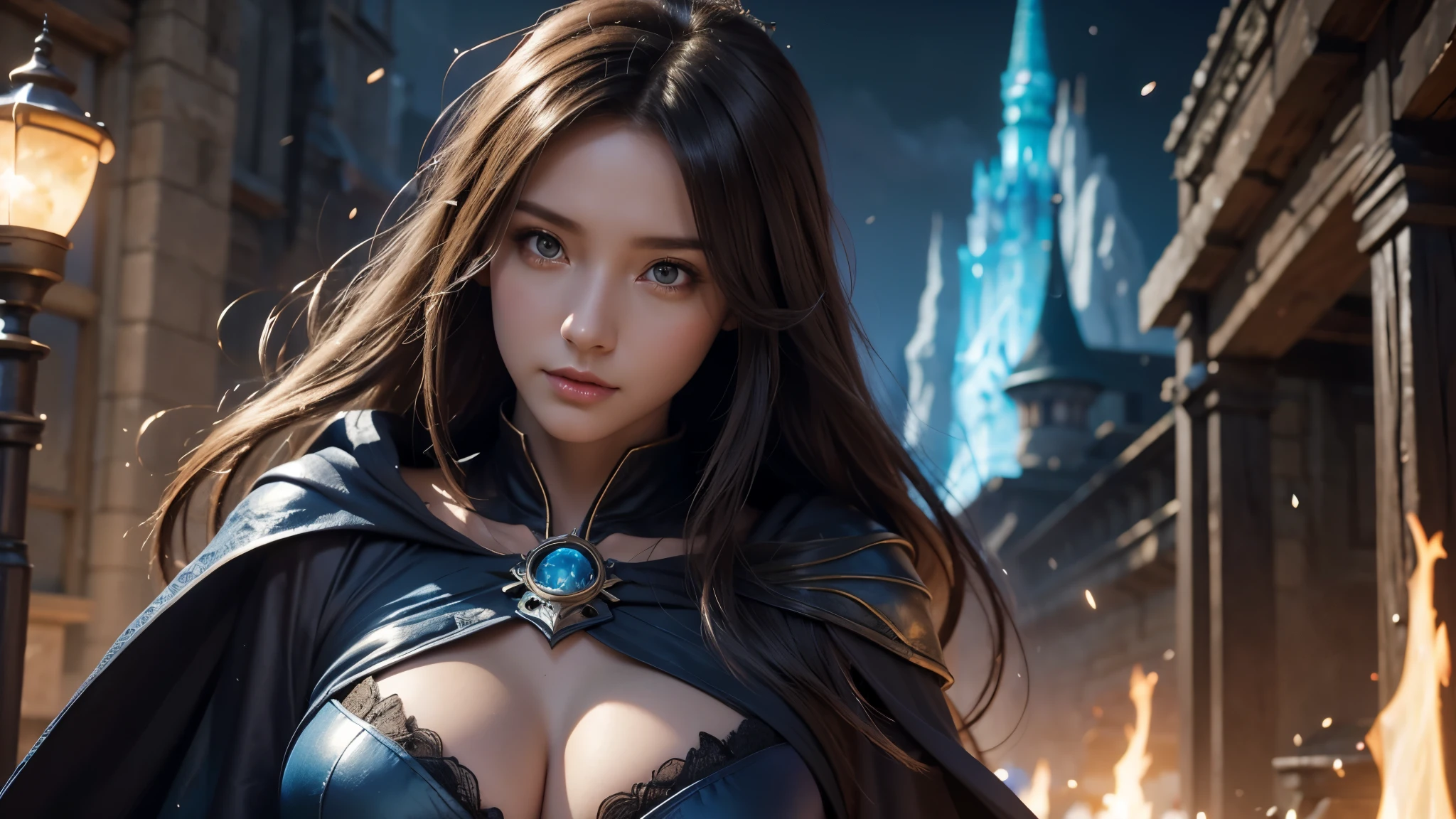 Close-up of female mage, Girl in robes, 2. 5D CGI anime fantasy artwork, Large Breasts，Epic fantasy digital art style, detailed Digital 2D fantasy art, Digital 2D fantasy art, Gorgeous female mage,Look at the camera，（glowing magic：1.7） Role Playing Game Character Art, beautiful female mage, Fantasy Character Art, Epic and beautiful character art, beautiful female mage，（Edinburgh Street：1.8），light rain，semi-body photography，Look at the camera