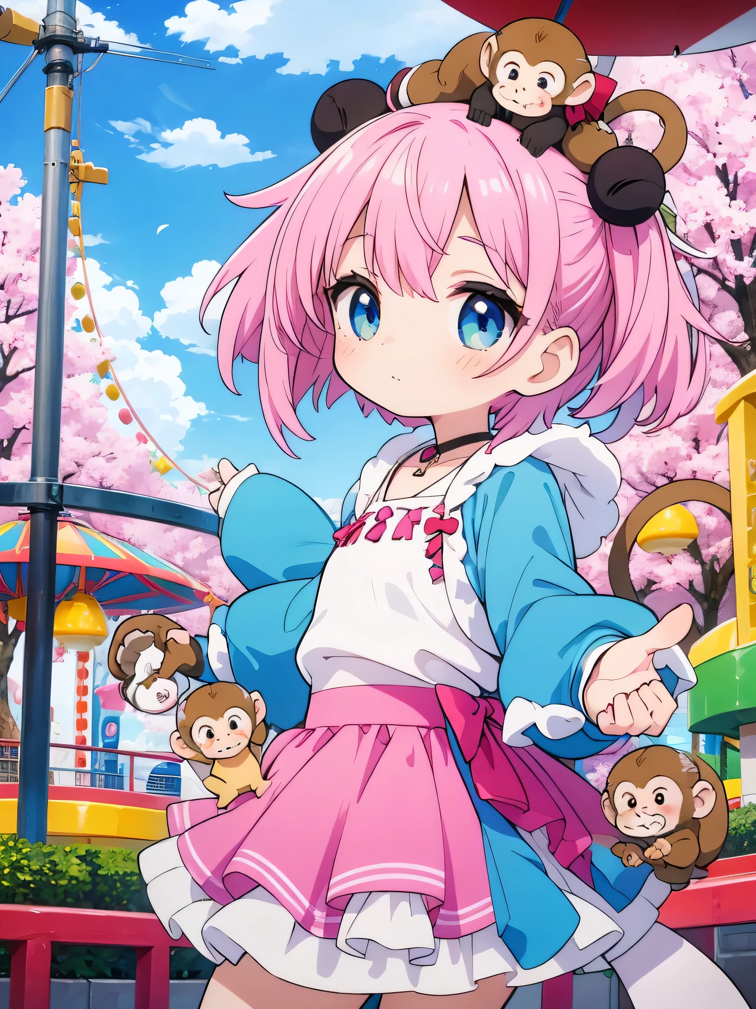 Watase Seizo Sakura Style, Kawaii Design, most beautiful girl ever、Chibi, Colorful bob hair、((Lots of monkeys))、amusement park