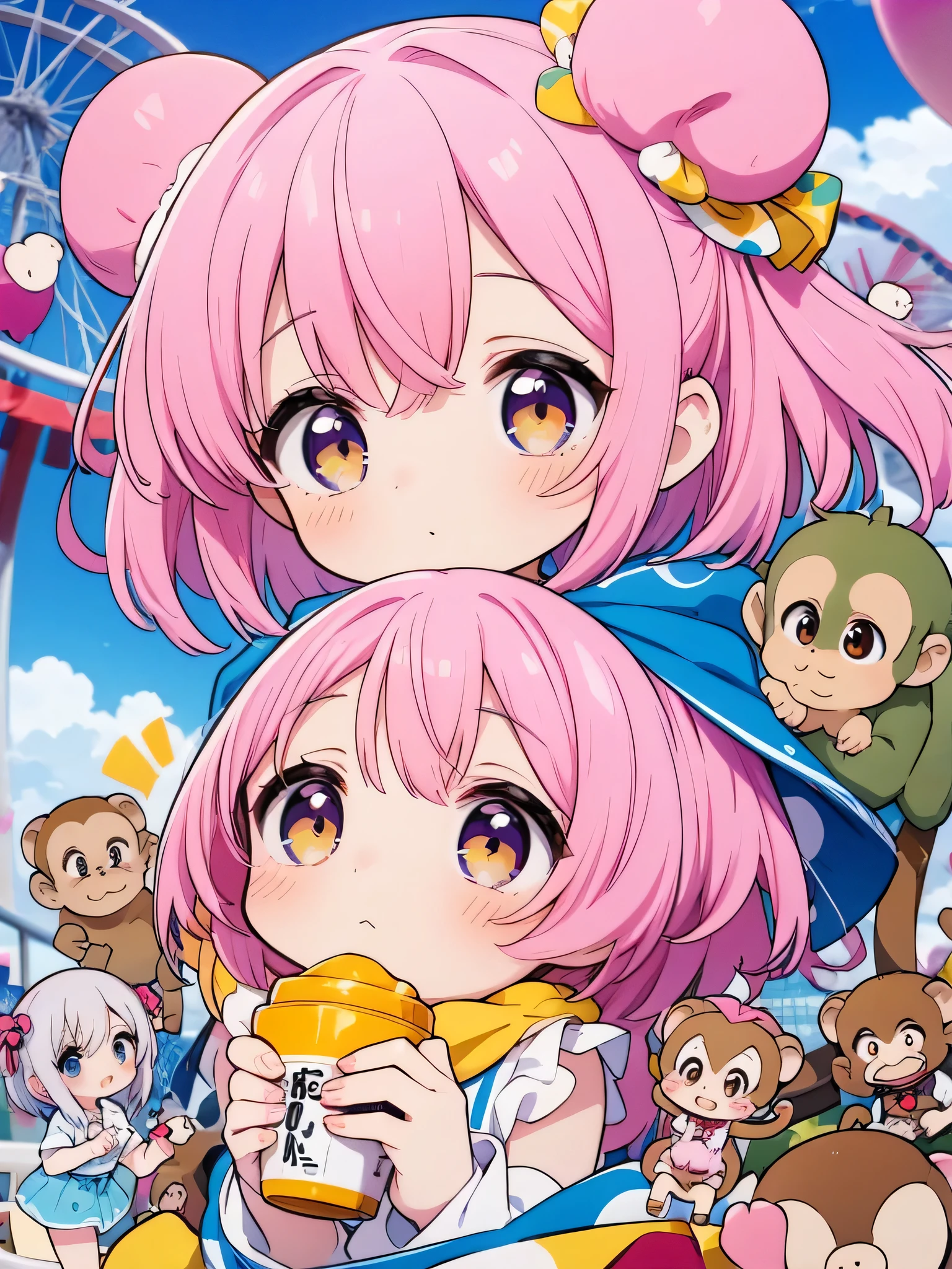 Watase Seizo Sakura Style, Kawaii Design, most beautiful girl ever、Chibi, Colorful bob hair、((Lots of monkeys))、amusement park