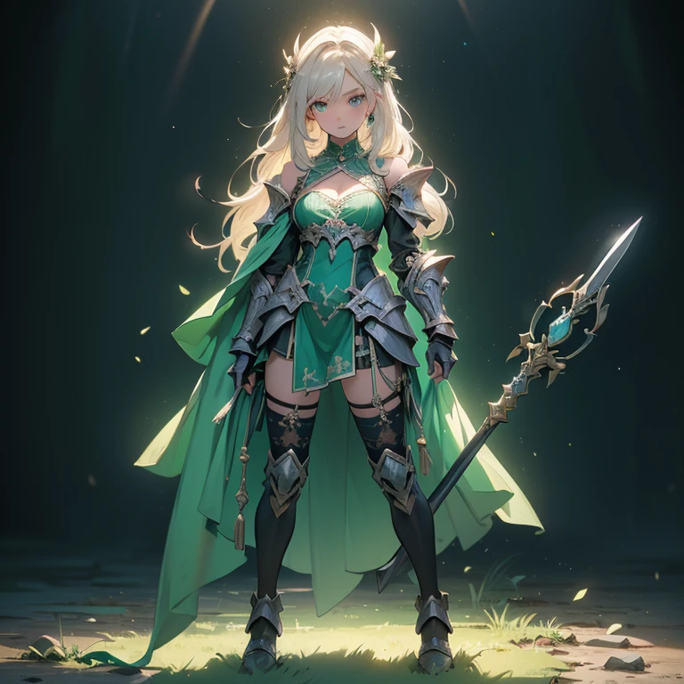 (((masterpiece, best quality, high detailed, 8k))) Design a layout showcase Gaming character, (1girl). Green|Gold clothes, stylish and unique. ((showcase weapon:1.4)), nature staff. (masterpiece:1.2), (best quality), 4k, ultra-detailed. (Step by step design, layout art:1.5), (luminous lighting, atmospheric lighting). druid, ((glove full hands)), (((revealing clothes:1.3))), vambraces, armored legwear, (((full_body_shot:1.4))). {In a magical meadow}.
