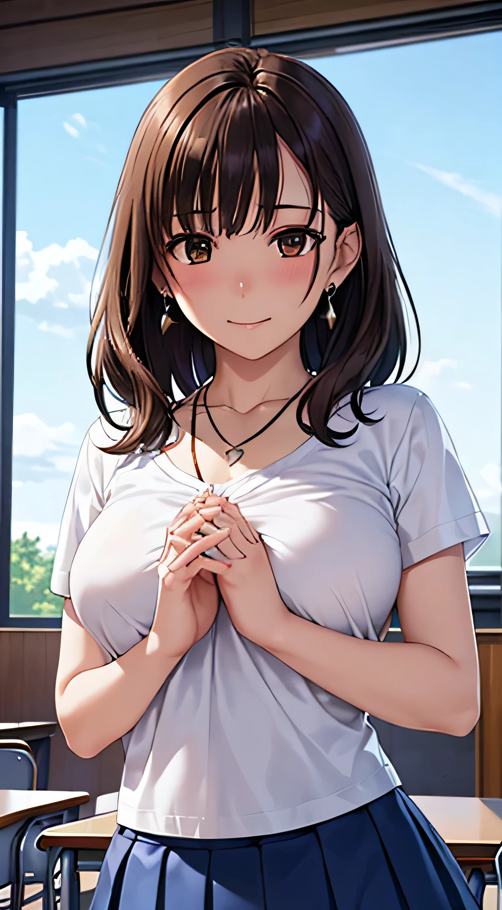 ((Tabletop, highest quality, High resolution, , Pixel perfect, 4K,))), 1 female teacher, single, alone, beauty、The whole body is visible、 ((Mid-wave hair, bangs, Brown Hair)), ((Brown eyes, Beautiful eyelashes, Realistic eyes)), ((Detailed face, Blushing:1.2)), ((Smooth texture:0.75, Realistic texture:0.65, Realistic:1.1, Anime CG Style)), Mid-chest, Dynamic Angle, Perfect body, (( ,necklace、Earrings ,  White tennis wear、White and short sleeve shirt,Pleated flare skirt 、Lift your skirt with both hands to show your panties)), No bra、Lying on the desk、Very embarrassing panic smile, 、Looking up、classroom、、(Light blue floral lace panties are visible)、Angle from below)、