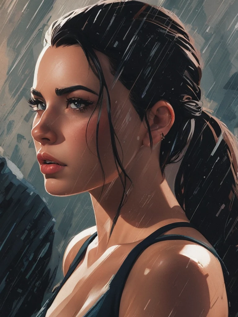 Sexy girl with long black hair, big breasts with an extremely low-cut black top, attached to a leash with someone holding it, with a suffering face and a lot of milk running down his body