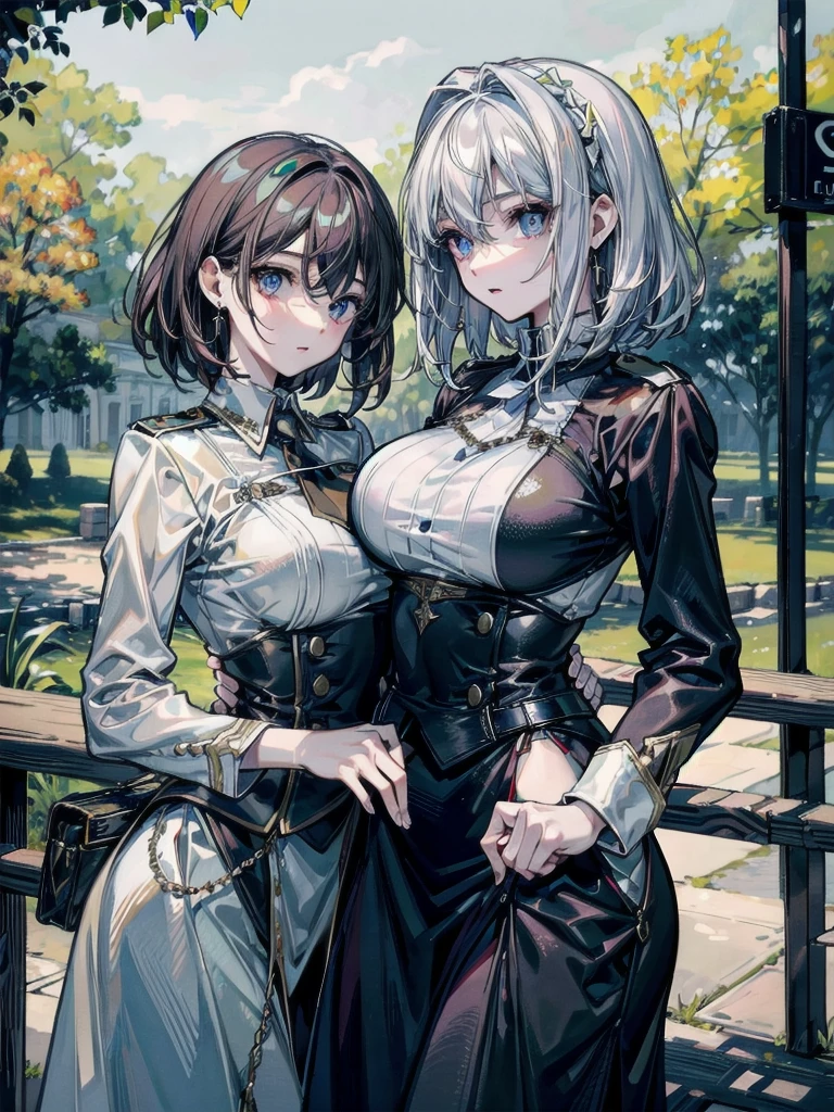 absurdres, RAW photo, extremely delicate and beautiful, masterpiece, Best Quality, ultra high resolution, 32k, hyperrealistic, ultra-detailed, detailed description, perfect anatomy, pale skin, 20 years old, detailed beautiful face and eyes, tearful mole, earring, short medium hair, wavy hair, whole body shot, colossal tits, ((yuri)), (((2 girls))), ((military uniform)), outdoors,
