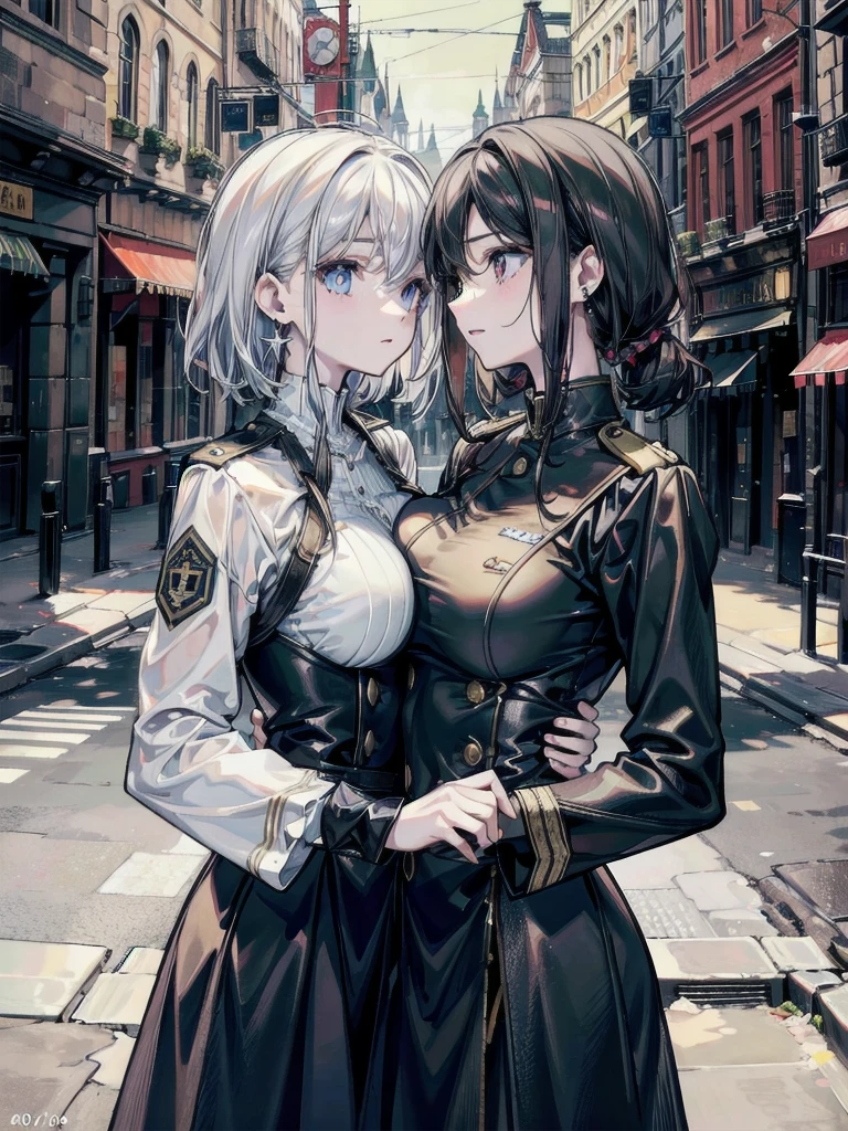 absurdres, RAW photo, extremely delicate and beautiful, masterpiece, Best Quality, ultra high resolution, 32k, hyperrealistic, ultra-detailed, detailed description, perfect ???????, pale skin, 20 years old, detailed beautiful face and eyes, tearful mole, earring, short medium hair, wavy hair, whole body shot, colossal tits, ((yuri)), (((2 girls))), ((military uniform)), outdoors, 
