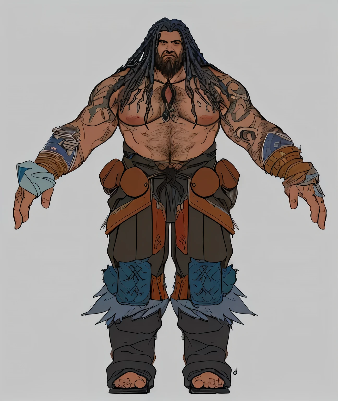 Homem velho, robusto, sem camisa, com roupas gastas, na neve, pena azul, cabelo dreadlocks, grisalho