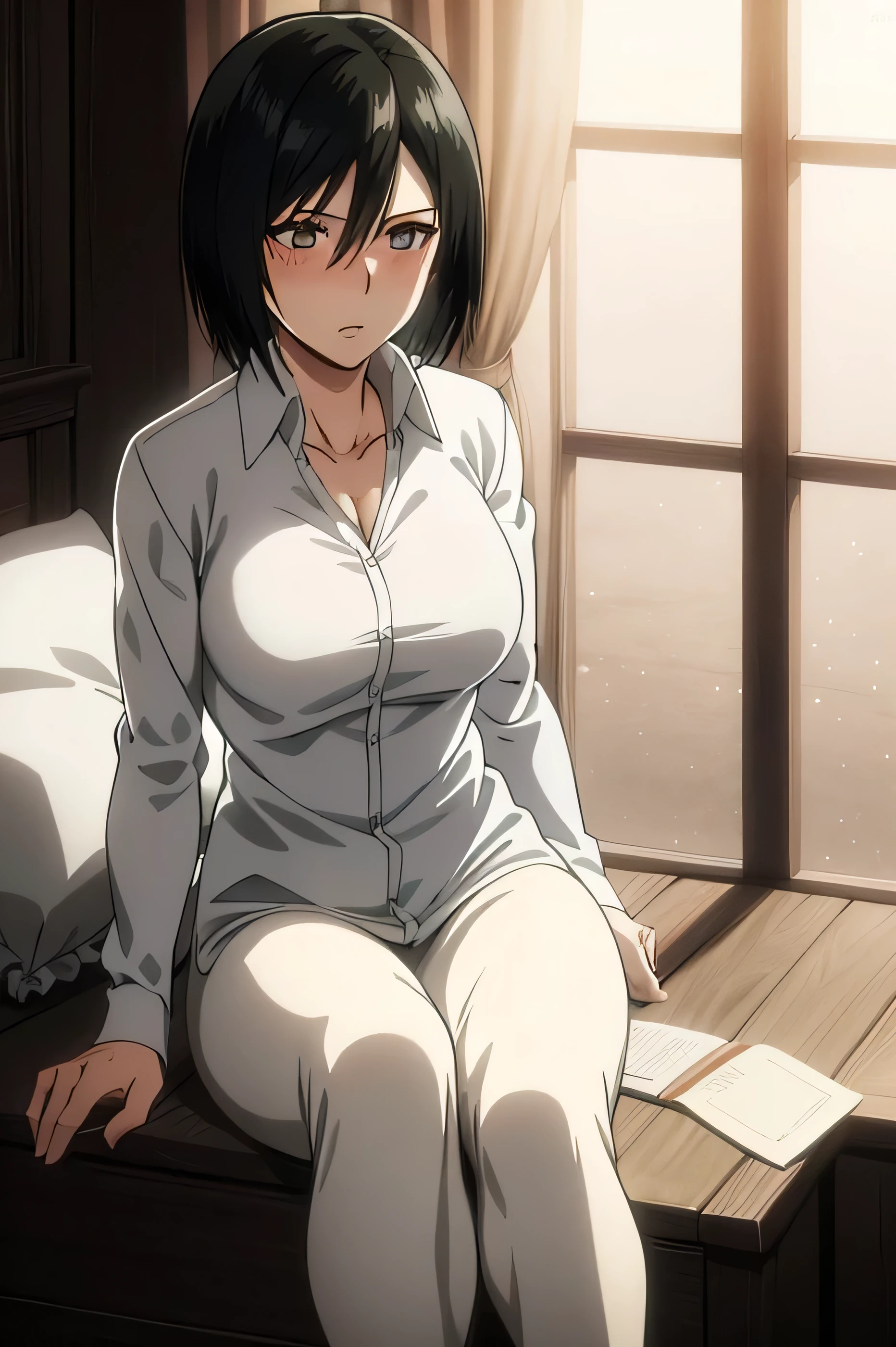 Mikasa Ackerman, in an intimate setting, solo, indoors, moonlit scenery outside the window. Her short, spiky hair, contrasting against her fair complexion, is styled in a disheveled manner, as if she just woke up. Her sharp, piercing eyes, a shade of ice blue, are softened by a red blush, expressing a mixture of shyness and surprise, yet maintaining her striking beauty. She wears a white, long-sleeved shirt, the collar open, revealing a hint of her perfect, toned neck. The shirt is tight, emphasizing her medium breasts and her lean, athletic physique. Her long legs are