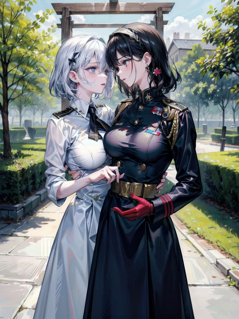 absurdres, RAW photo, extremely delicate and beautiful, masterpiece, Best Quality, ultra high resolution, 32k, hyperrealistic, ultra-detailed, detailed description, perfect anatomy, pale skin, 20 years old, detailed beautiful face and eyes, tearful mole, earring, short medium hair, wavy hair, whole body shot, colossal tits, ((yuri)), (((2 girls))), ((military uniform)), outdoors, 