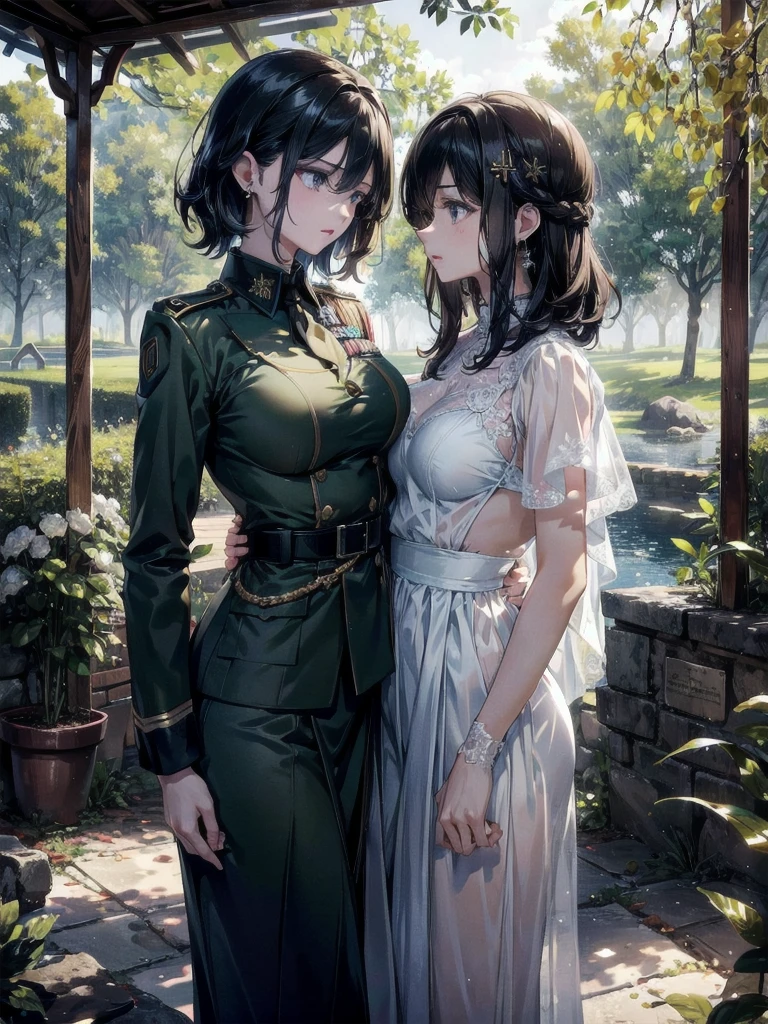 absurdres, RAW photo, extremely delicate and beautiful, masterpiece, Best Quality, ultra high resolution, 32k, hyperrealistic, ultra-detailed, detailed description, perfect anatomy, pale skin, 20 years old, detailed beautiful face and eyes, tearful mole, earring, short medium hair, wavy hair, whole body shot, colossal tits, ((yuri)), (((2 girls))), ((military uniform)), outdoors, 
