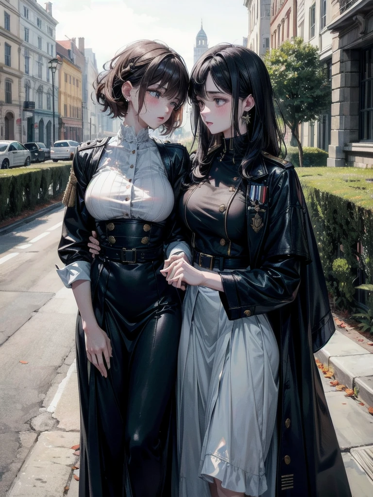 absurdres, RAW photo, extremely delicate and beautiful, masterpiece, Best Quality, ultra high resolution, 32k, hyperrealistic, ultra-detailed, detailed description, perfect anatomy, pale skin, 20 years old, detailed beautiful face and eyes, tearful mole, earring, short medium hair, wavy hair, whole body shot, colossal tits, ((yuri)), (((2 girls))), ((military uniform)), outdoors,