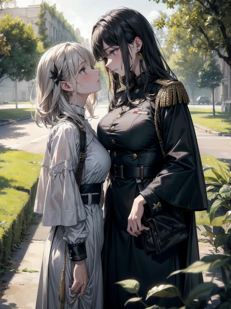absurdres, RAW photo, extremely delicate and beautiful, masterpiece, Best Quality, ultra high resolution, 32k, hyperrealistic, ultra-detailed, detailed description, perfect anatomy, pale skin, 20 years old, detailed beautiful face and eyes, tearful mole, earring, short medium hair, wavy hair, whole body shot, colossal , ((yuri)), (((2 girls))), ((military uniform)), outdoors,