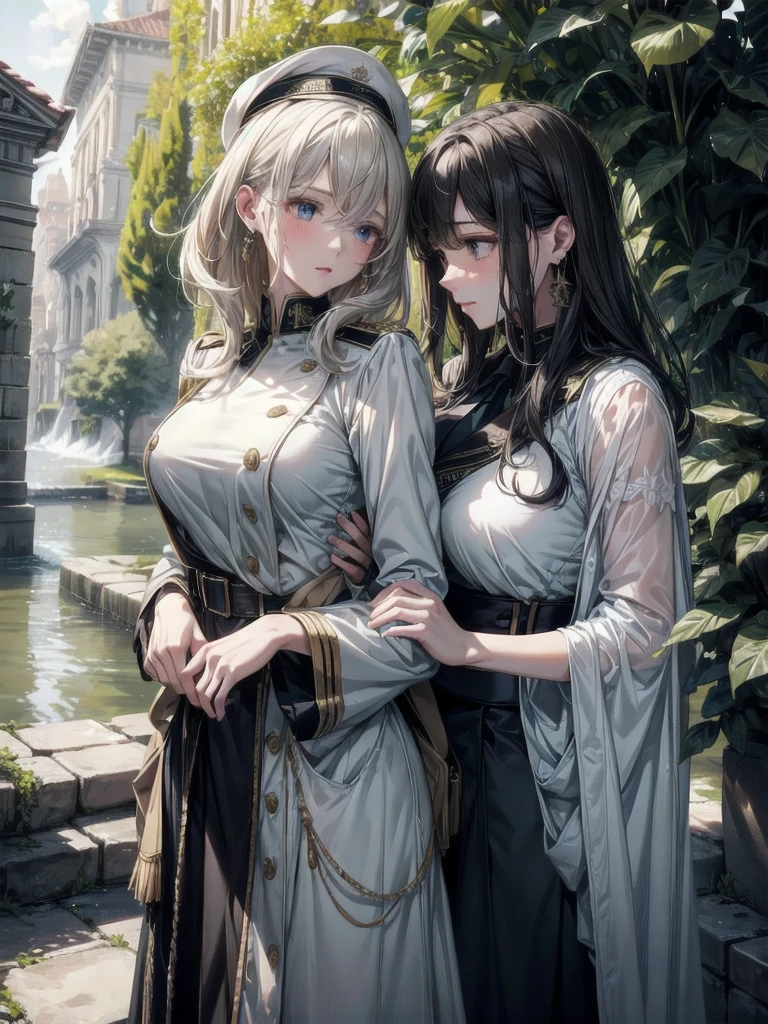 absurdres, RAW photo, extremely delicate and beautiful, masterpiece, Best Quality, ultra high resolution, 32k, hyperrealistic, ultra-detailed, detailed description, perfect anatomy, pale skin, 20 years old, detailed beautiful face and eyes, tearful mole, earring, short medium hair, wavy hair, whole body shot, colossal tits, ((yuri)), (((2 girls))), ((military uniform)), outdoors,