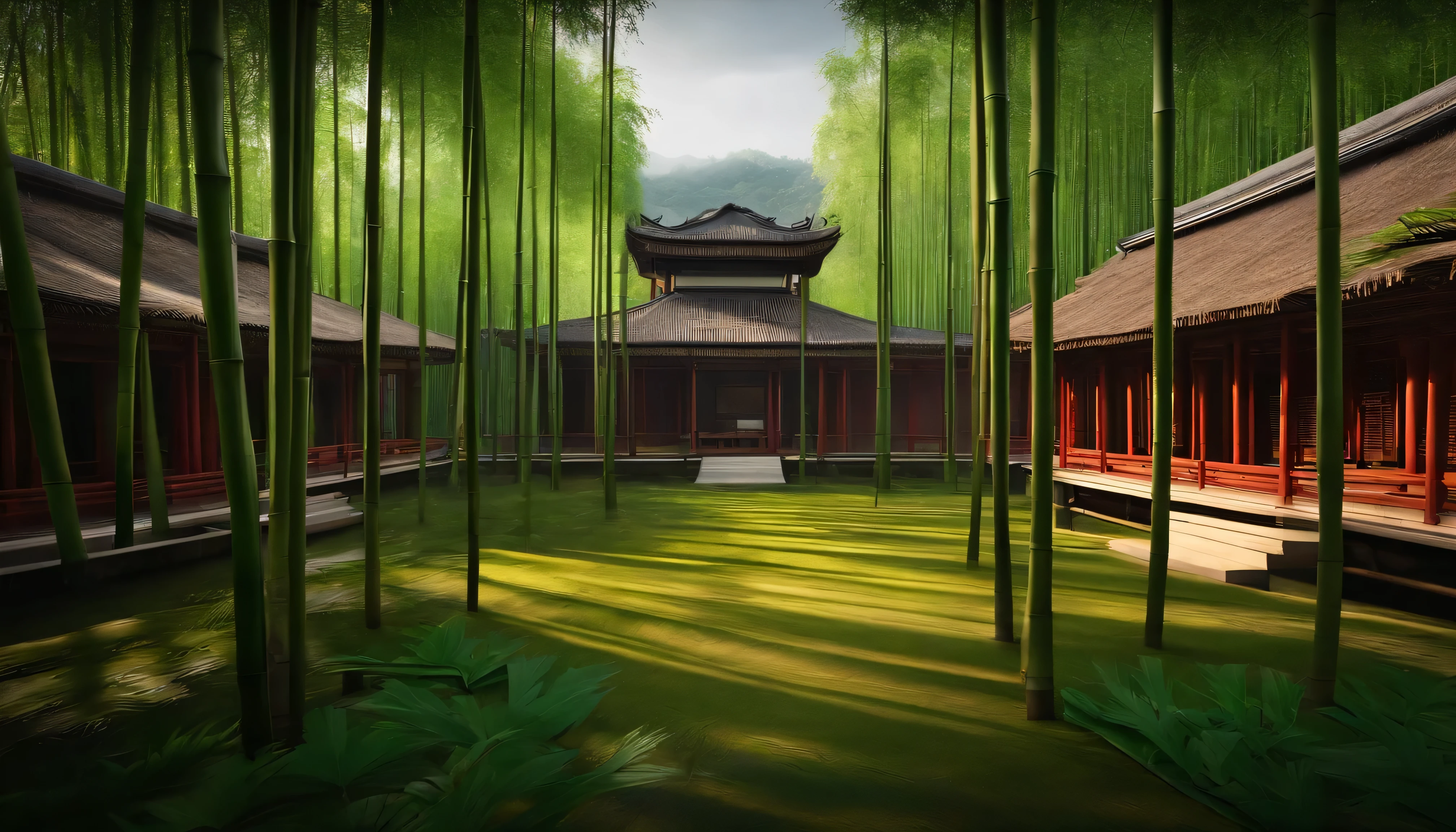 A tranquil bamboo forest surrounds the ancient courtyard school