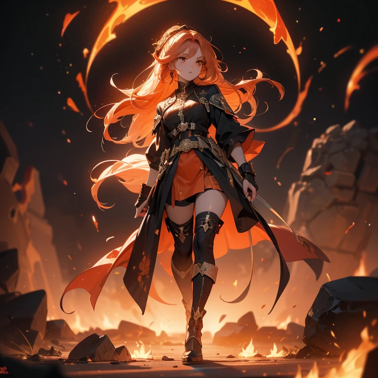 A striking artwork of a fiery and majestic female character amidst a dramatic, fiery backdrop. The full-body view highlights her vibrant gold and red clothes that reflect her fiery nature. Her gradient long hair, transitioning from black to orange to red, flows like flames around her fierce face. Her yellow eyes gleam with determination and courage. She brandishes a flame whip, crackling with fiery energy, enhancing her formidable presence. The setting is a volcanic landscape with molten lava flows and burning embers lighting up the night. The sky is ablaze with the colors of a setting sun, and the ground is scorched and cracked, giving the scene an intense and dramatic atmosphere that mirrors the character’s fiery spirit.