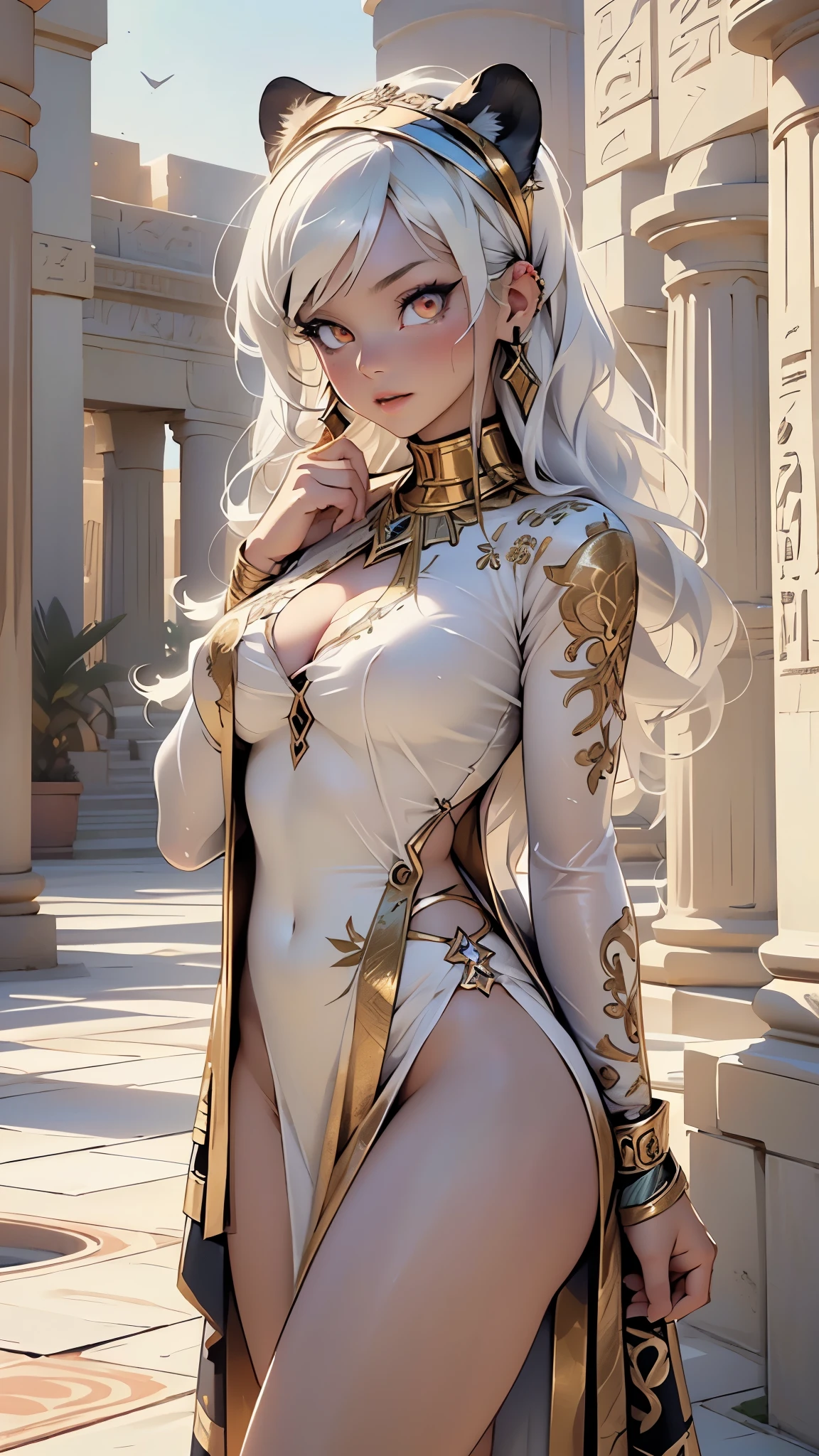 Excellent, masterpiece, high resolution, best quality, UHD, award-winning, 16k, upper body, a beautiful girl, white hair, (golden eyes), hanging eye corners, variety of white clothes, hair, fair skin, slender figure