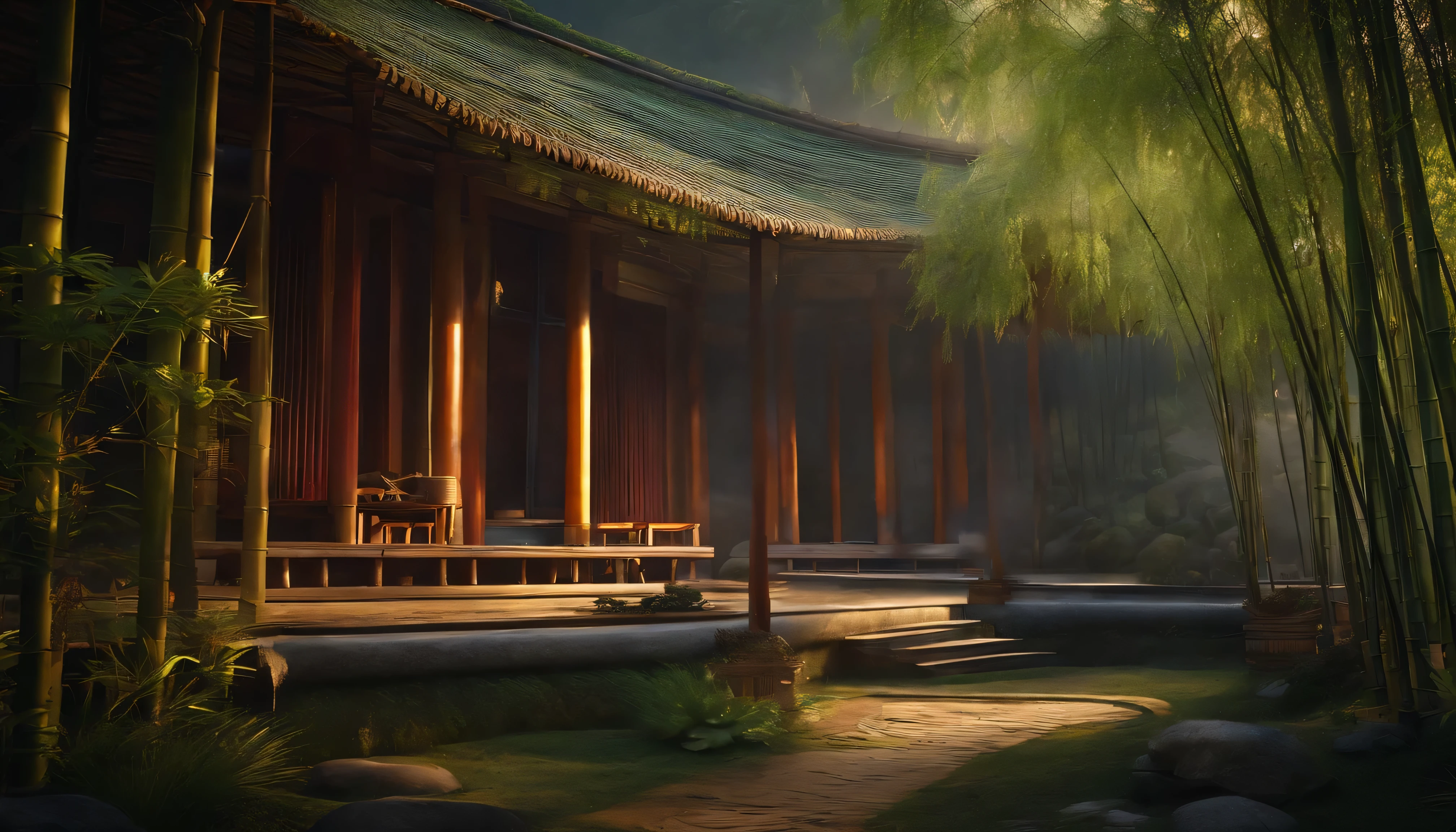 A tranquil bamboo forest surrounds the ancient courtyard school