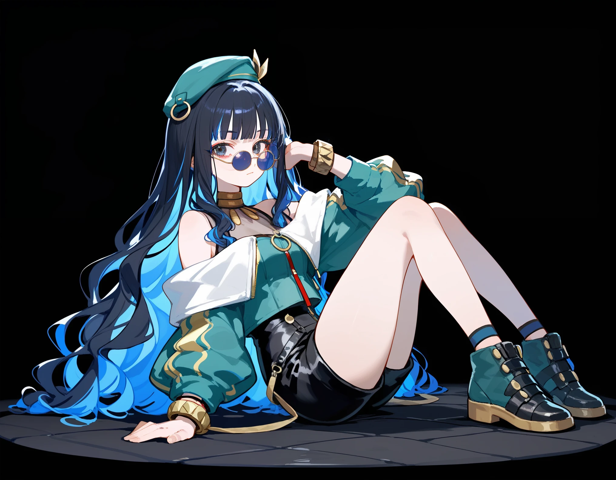 (score_9, score_8_up, score_7_up, thick outline style), 1girl, solo, long hair, black hair, colored inner hair, blue hair, wavy hair, eyeliner, makeup, jewelry, beret, o-ring, neck ring, black shorts, buttons, round sunglasses, bracelet, bare shoulders, green jacket, white jacket, off shoulder, zipper, (plank position, on floor), full body, neutral, closed mouth, black background, simple background, masterpiece, 