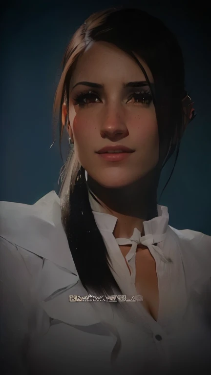 hay una mujer de pelo largo con camisa blanca y corbata, retrato de tifa lockhart, retrato de tifa lockhart, render of mirabel madrigal, retrato ezio auditore como mujer, chell, primer plano del retrato del personaje, tifa lockhart con el pelo blanco, personaje de cerca, tifa, tifa lockhart, chell del portal, seductive retrato de tifa lockhart