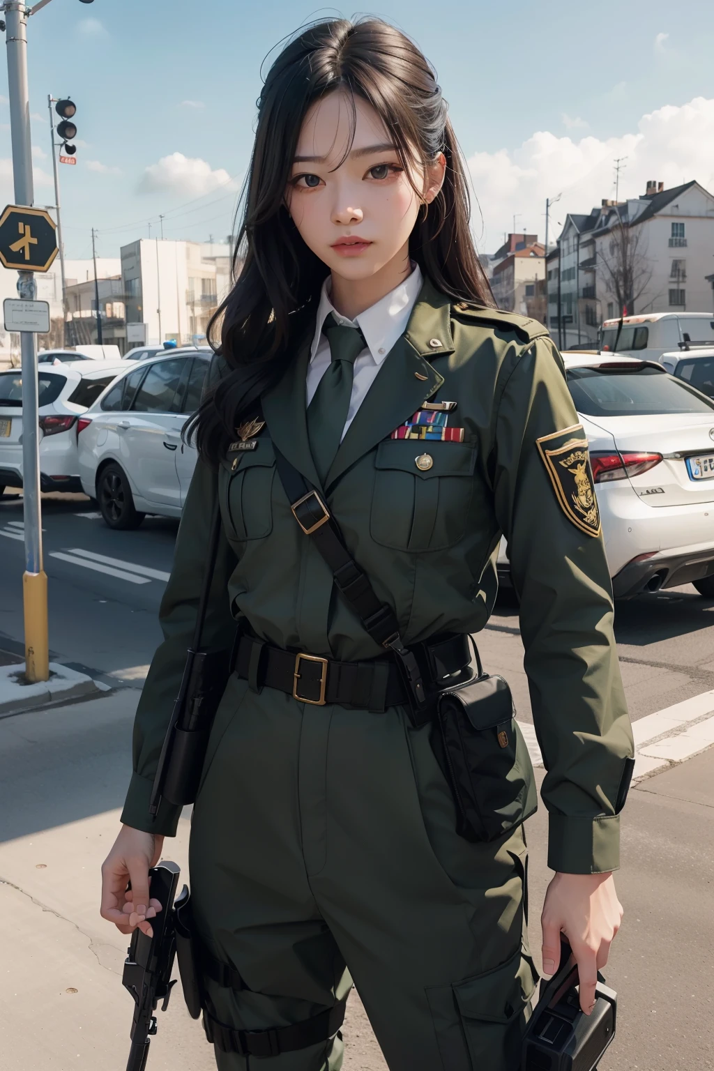 One girl, Female Soldier，uniform，濃い緑のuniform，Fabric texture: Armed police uniform，Pure white lining，Dark green tie，Black Hair，Golden Ratio,[:(Detailed face:1.2):0.2]:,Purelos Face_v1, Red Flag，In the four corners，Nice views，Bright Sun，Upper body photo，Place your hand on your chest， ，Officer&#39;s hat