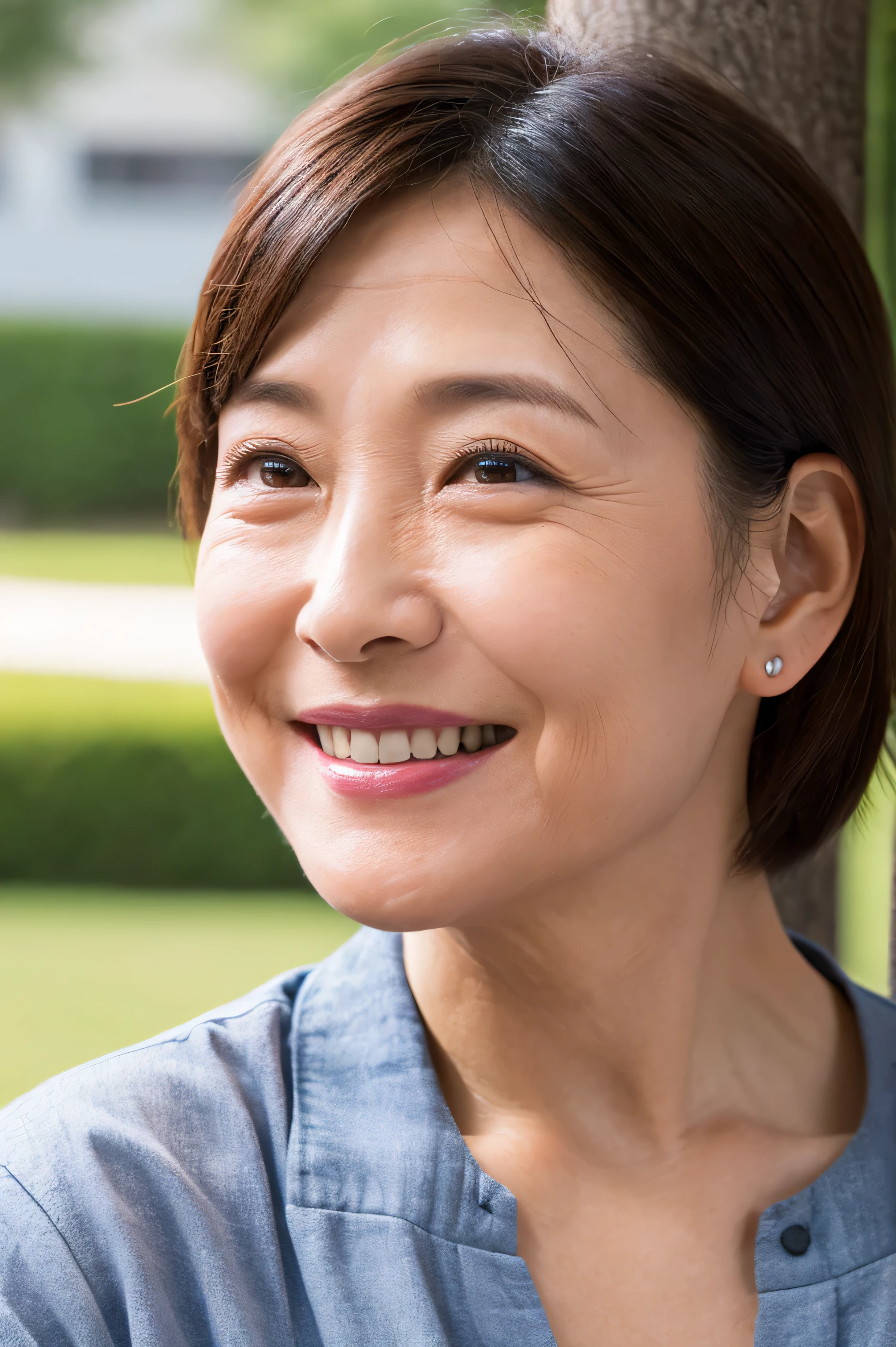 From the chest up,Wrinkles around the eyes,Mouth wrinkles,Deep wrinkles,highest quality, Super detailed, Realistic, Highly detailed skin,Face facing forward,breast enhancement,50th Generation,Japanese,Laughter,short hair,alone