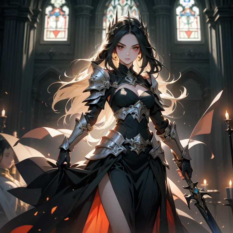 A breathtaking artwork of a female character of unimaginable beauty, set in a dark and opulent environment. The full-body view reveals an impressive figure, exuding an aura of power and mystery. She wears black and gold clothes, radiating a luxurious darkness. Her armor is detailed and characteristic, with intricate golden designs that shimmer in the dim light. Ornate shoulder pads protect her shoulders, and the armor perfectly molds to her body, accentuating her formidable presence. Her long black hair flows like a river of darkness, contrasting with her mesmerizing scarlet eyes. Her beauty is almost supernatural, a perfect blend of grace and menace. She wields a cursed blade that seems to pulse with malevolent energy, enhancing her aura of danger. The setting around her is a gothic and luxurious environment, with dark arches and stained glass windows that filter a supernatural light. In the background, candles flicker, casting dancing shadows on the intricately carved stone walls. It is a place that blends elegance and terror, perfectly reflecting the essence of the character.