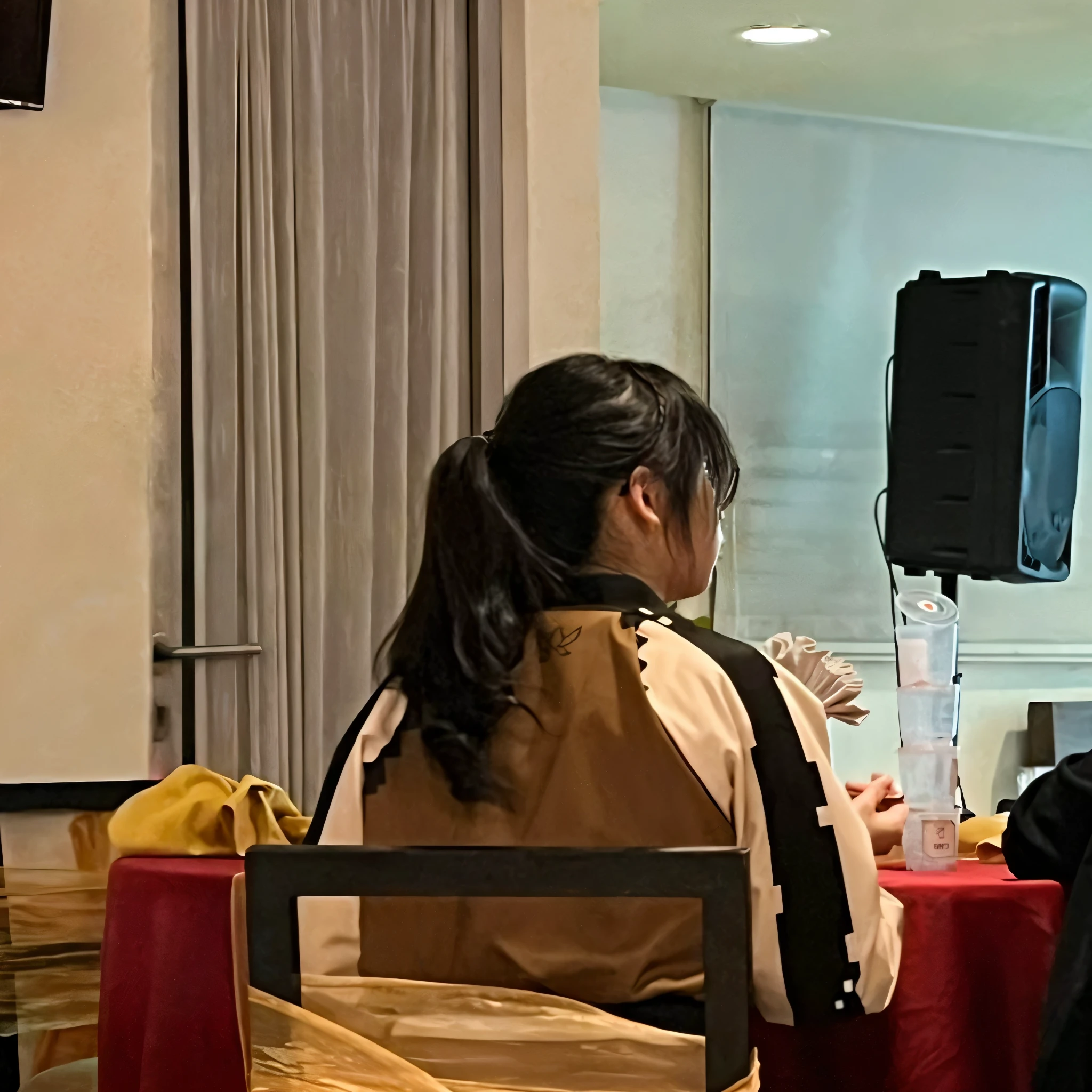 people sitting at a table with a projector screen in the background, people sitting at tables, candid shot, audience in the background, taken in the early 2020s, over-shoulder shot, wide - shot, wide-shot, person in foreground, facing away from the camera, slide show, medium shot taken from behind, facing away from camera