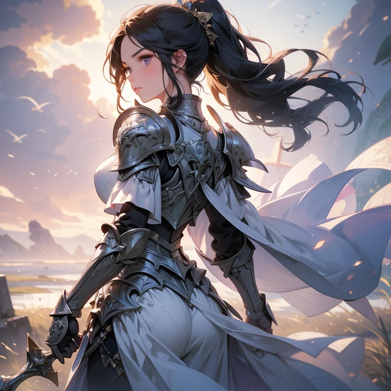 A majestic artwork of a graceful female paladin standing in a grand, medieval landscape. The full-body view reveals her adorned in exquisitely designed armor that combines elegance and strength. Her gleaming silver armor is intricately engraved with swirling patterns and symbols of protection and valor. The breastplate features delicate filigree and gem inlays, while her gauntlets and greaves are finely etched, catching the light with every movement. She wears an ornate, deep purple cape that flows gracefully behind her. Her long black hair is tied in a sleek ponytail, cascading down her back, complementing her regal appearance. Her striking amethyst purple eyes, filled with resolve and determination, enhance her beauty and strength. She carries a beautifully crafted shield, embossed with intricate heraldic symbols and protective runes, its edges reinforced with gold trim. In her other hand, she wields a formidable mace, adorned with intricate engravings and inlaid gemstones that shimmer softly. The background features a sprawling castle with tall spires against a dawn sky. Rolling hills and lush meadows stretch out before her, with a serene river winding through the landscape. Birds take flight in the early morning light, enhancing the sense of peace and anticipation. The paladin stands poised and ready, embodying both grace and power, a guardian of the land and a beacon of hope for all who gaze upon her. Her presence is commanding and inspiring, a true paragon of beauty and strength.