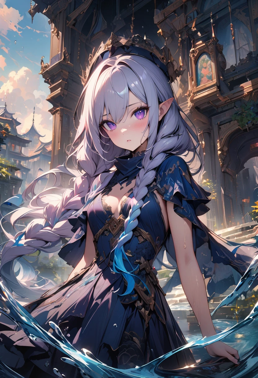 (masterpiece, illustration, best quality:1.5), insanely beautiful black ice SKADI little sister,1 girl, yinji, purple hair, purple eyes, long hair, white hair, double braids, gradient hair, water blue body painting, global illumination, finely detailed, beautiful defined detailed face, beautiful detailed eyes, beautiful detailed shading, highly Detailed body, finely detailed, (3_water_droplets), tilted halos, full body, body lightly covered with frost, frosty wild hair, water elements, water drops, water ,pointy ears, majestic dress, blue makeup , jowelery, and wet atmosphere, , full body focus, beautifully detailed background, cinematic, K, UHD, by Li Yue, pink and blue gems , transparent sky blue scarf , royal blue dress