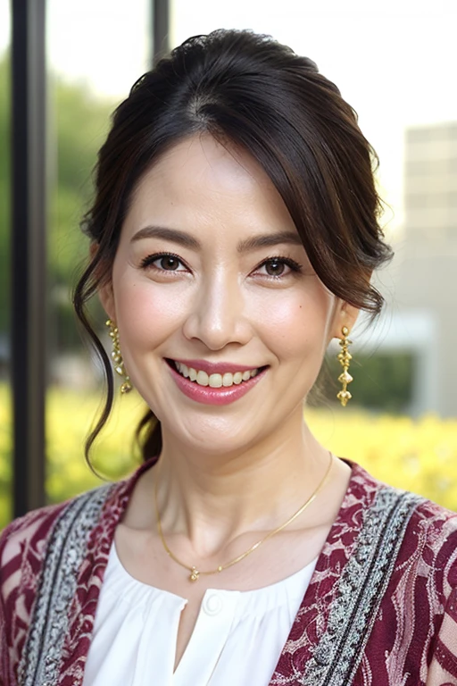 最high quality, In 8K, Masseter muscle area, Lifelike, Sharp focus, high quality, High resolution, Detailed face, Detailed eyes, Thick lips, (Look at the viewers), solo, Middle-aged women, Beautiful woman, 55 years old, plum, Beautifully styled hair, Cleavage, Dresses with fancy patterns, Afternoon in front of the park garden, Giddy Smile, Gold necklace, Gold earring, Wrinkles around the eyes,