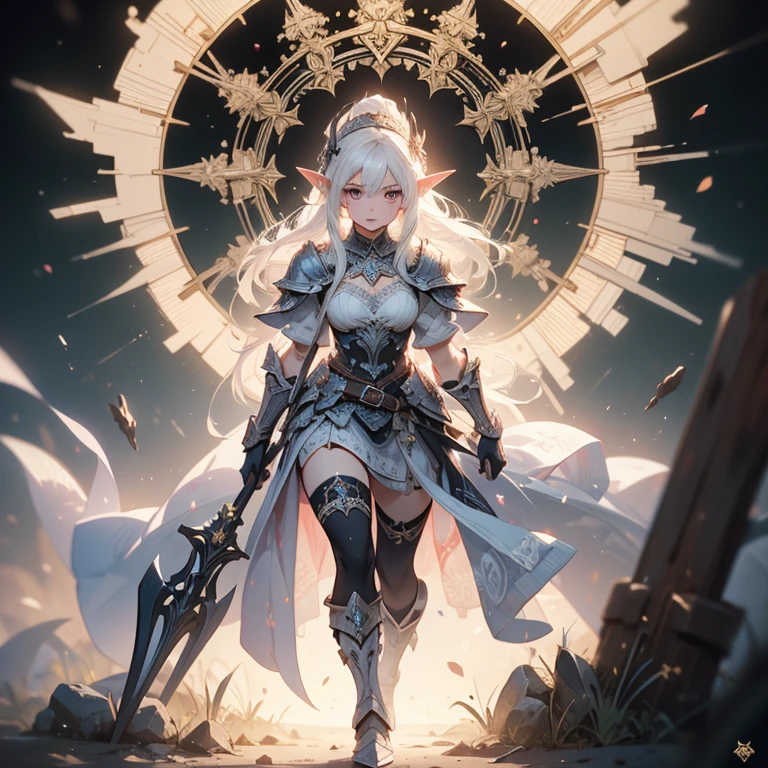 (((masterpiece, best quality, high detailed, 4k))) Design a layout showcase Gaming character, (1girl). Purple|Black clothes, stylish and unique. ((showcase weapon:1.4)), holy majestic spear. (luminous lighting, atmospheric lighting). arcane elf, ((glove full hands)), revealing clothes, vambraces, armored legwear, full body shot. {In a mystical library}. (zentangle, mandala, fractal art:1.3), maxiskirt, dress conservatively, (elf:1.2), solo, full body, wide shot, standing with white boots, holding spear down, blunt bangs, hair between eyes, white hair, golden eyes, long hair, elf ears, Valkyrie white armor, angel, chest protector, side bang, looking at viewer, dynamic pose, art style by Artgerm, by Kawacy, by Wadim Kashin, BREAK, eyelashes, eyeshadow, pink eyeshadow.